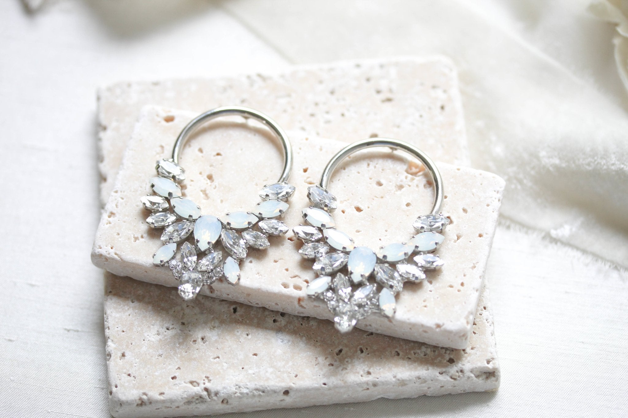 Silver hoop earrings with white opal crystals - ANASTASIA - Treasures by Agnes