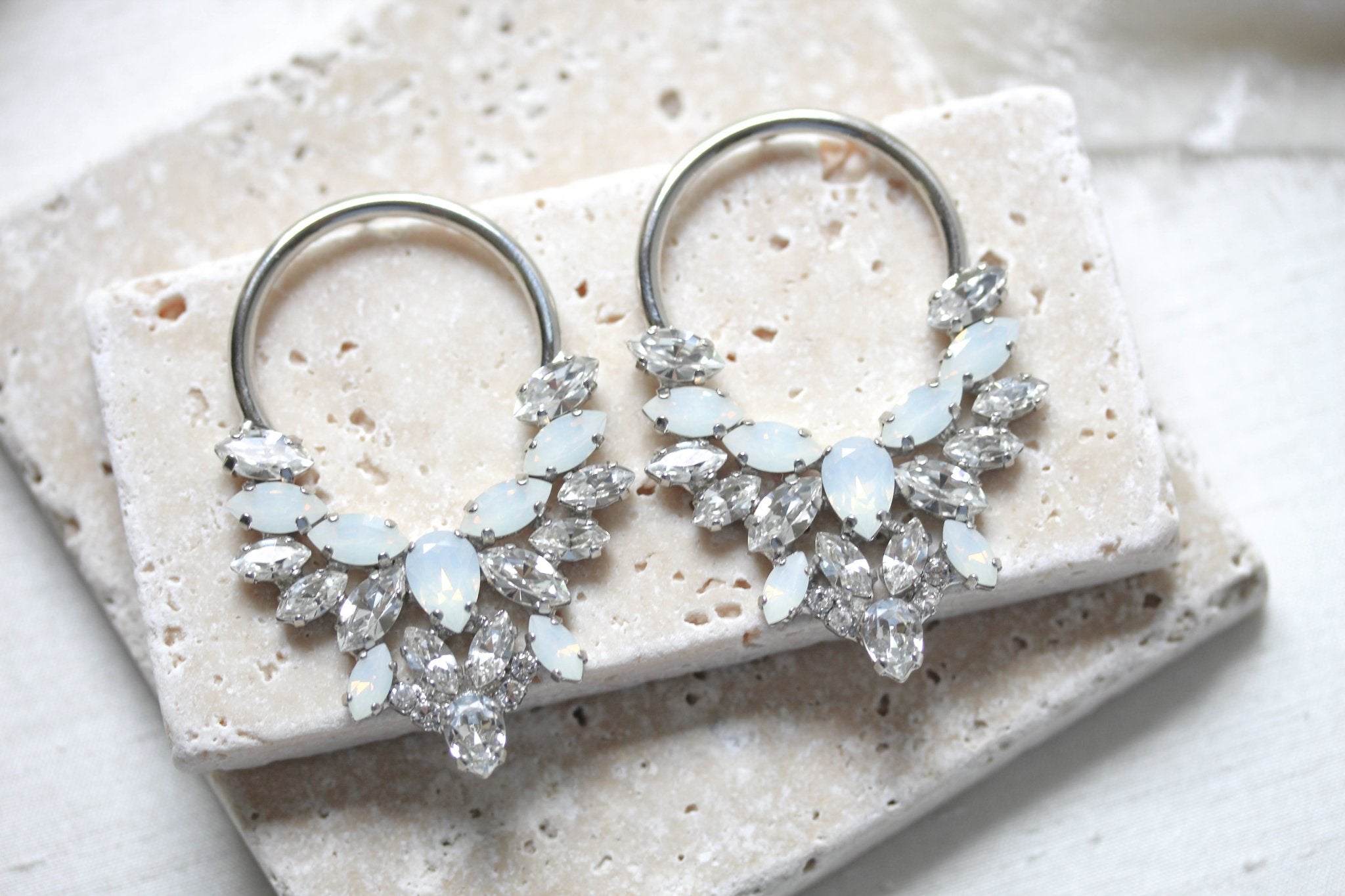 Silver hoop earrings with white opal crystals - ANASTASIA - Treasures by Agnes