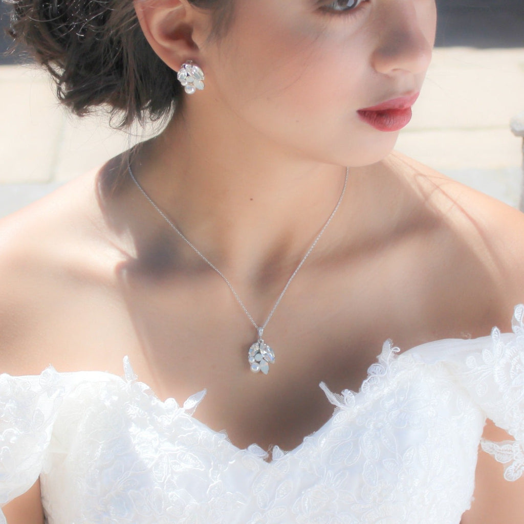 Simple white opal crystal and pearl Bridal necklace - BRIAR