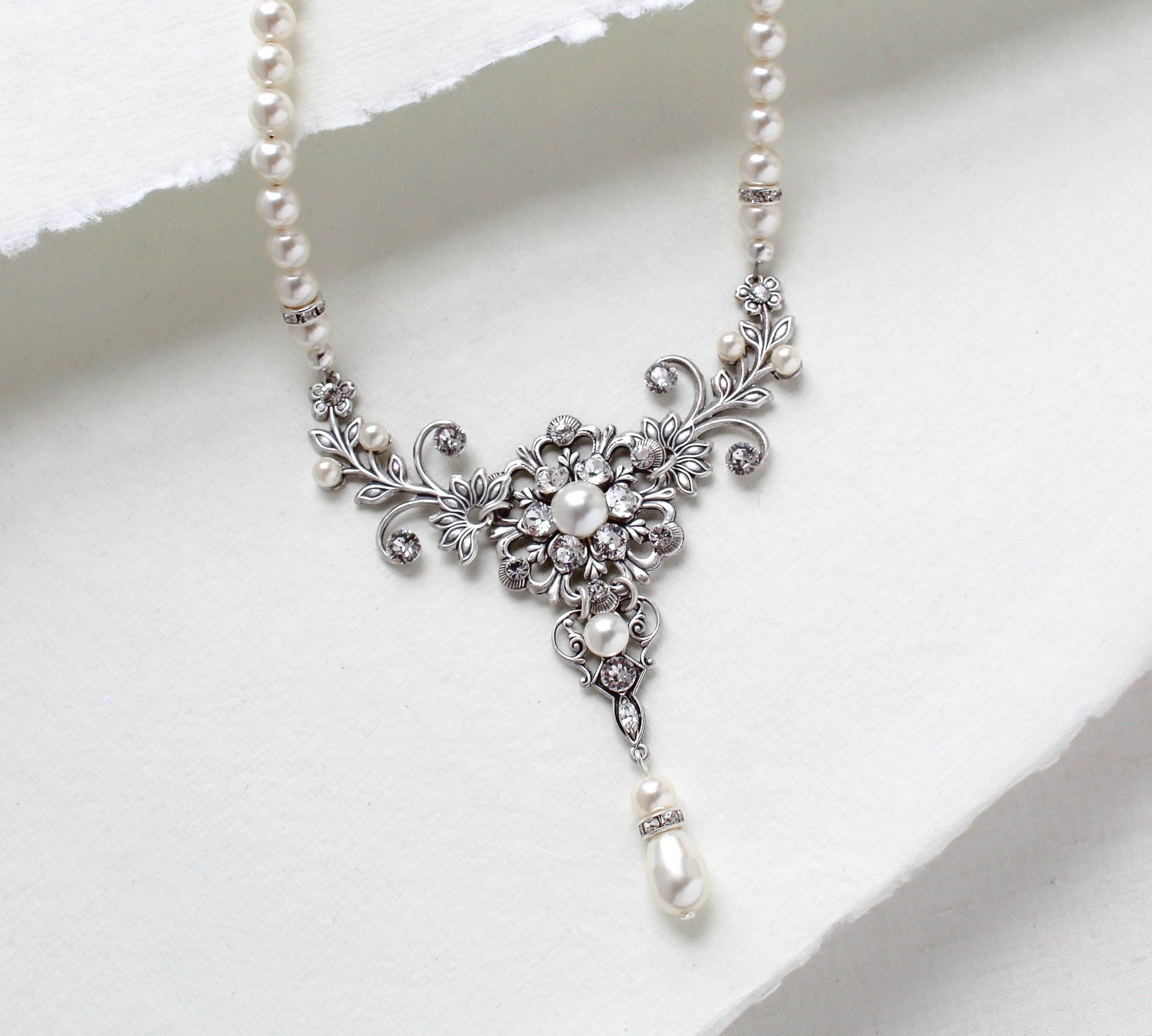 Vintage style antique silver pearl wedding necklace - Treasures by Agnes