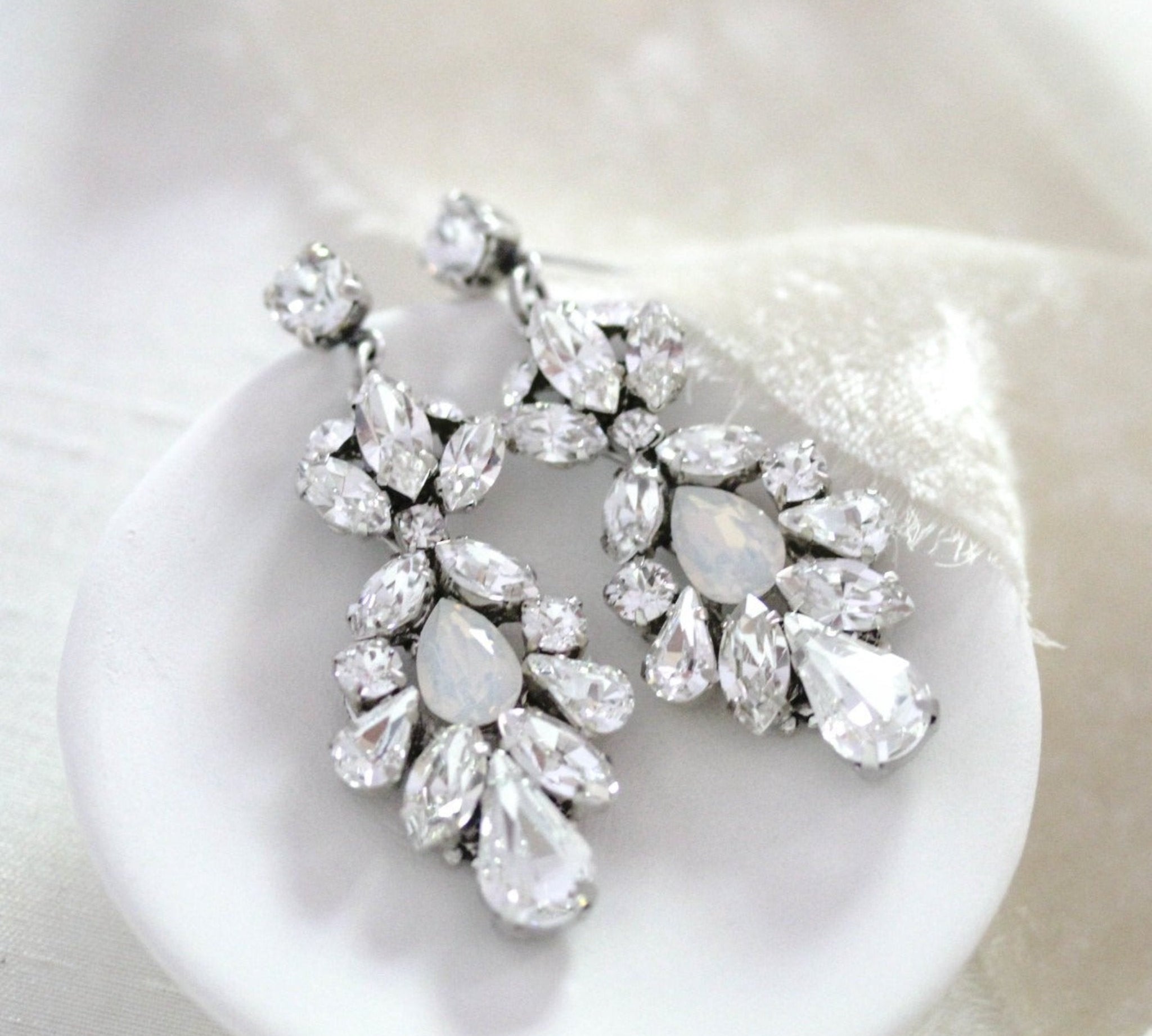 Vintage style Crystal bridal earrings with white opal accents - BIANCA - Treasures by Agnes
