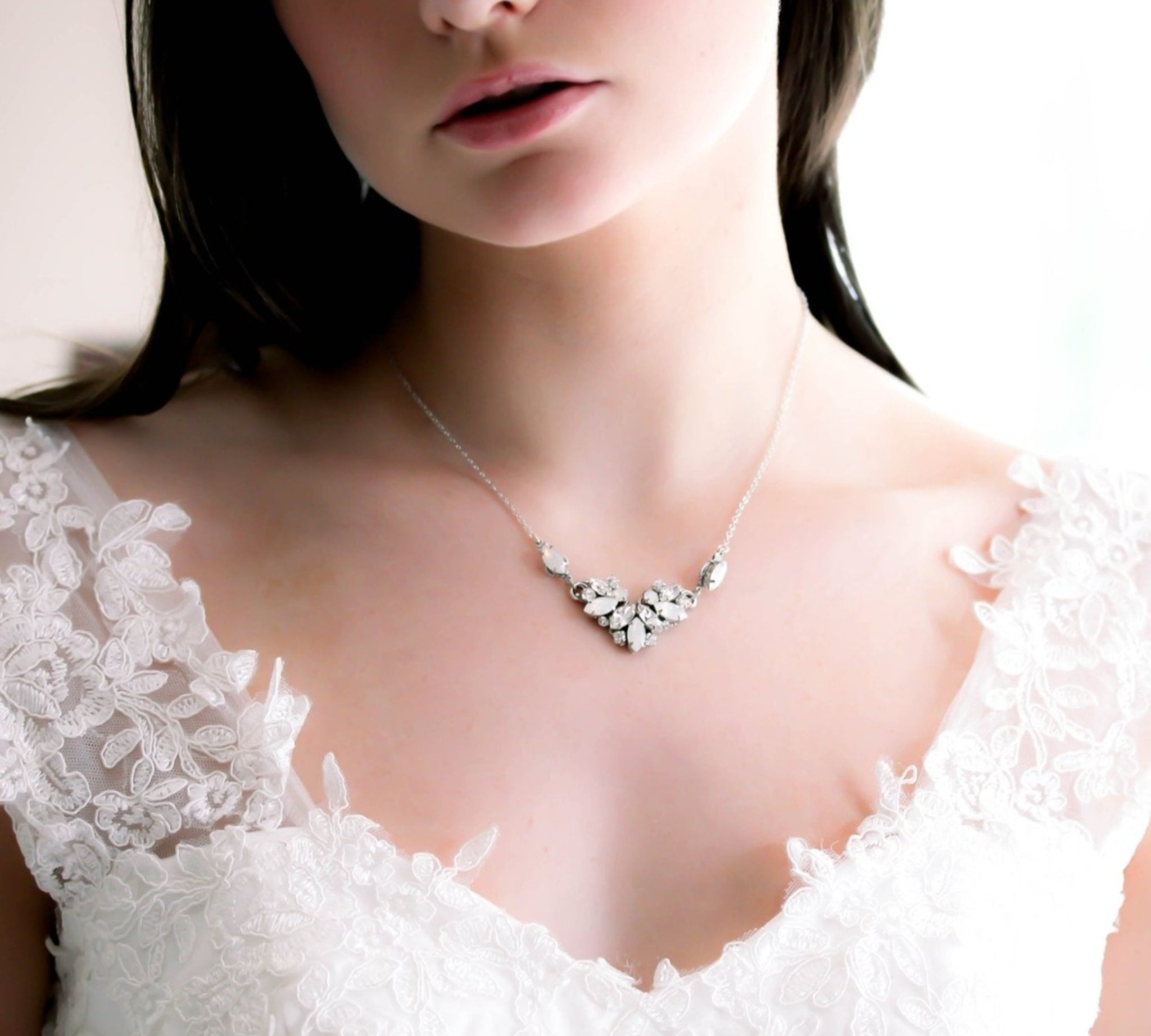 Vintage style white opal Crystal Bridal necklace - CELINE - Treasures by Agnes