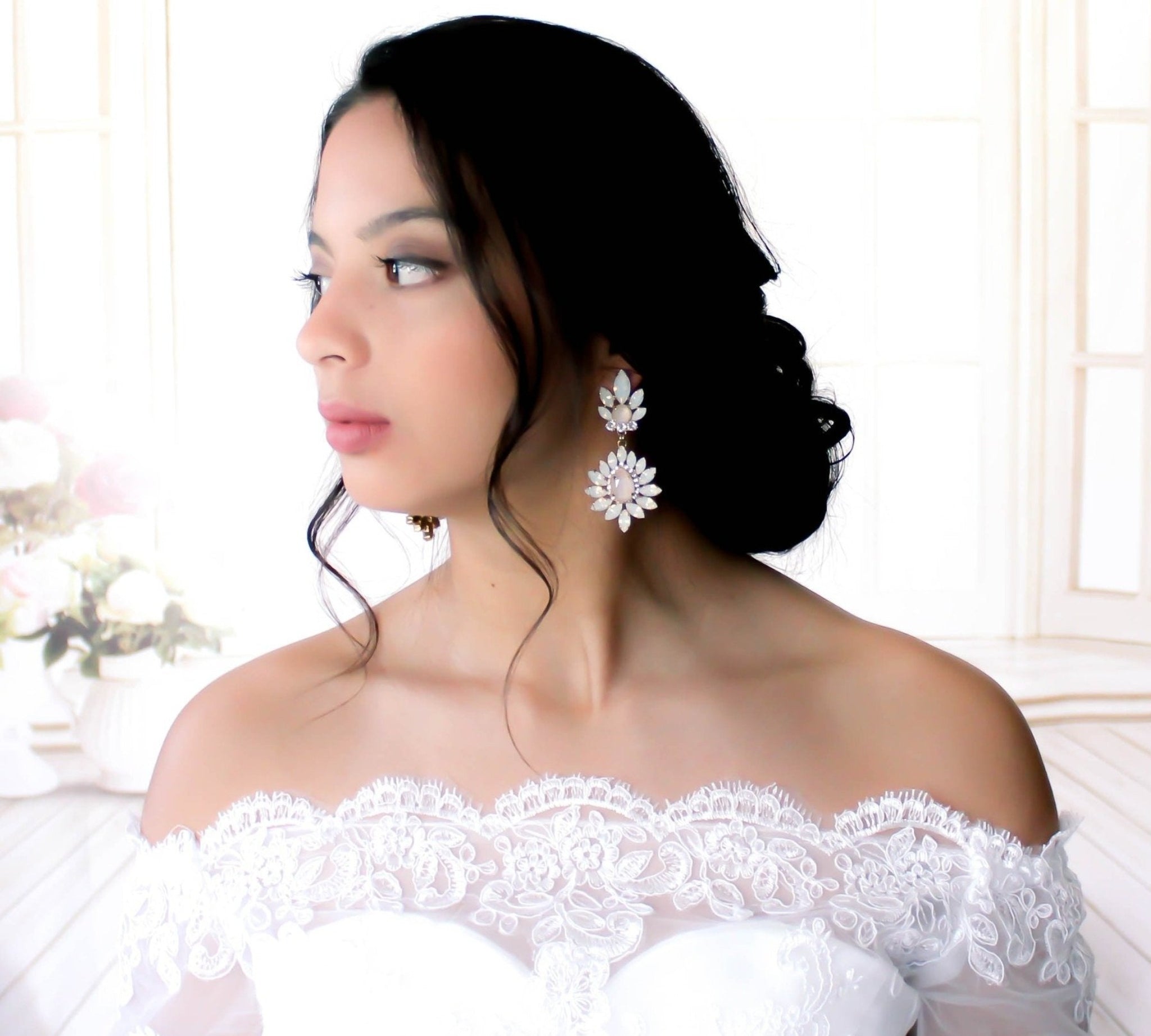 White opal and ivory cream bridal chandelier earrings - ADALINE - Treasures by Agnes