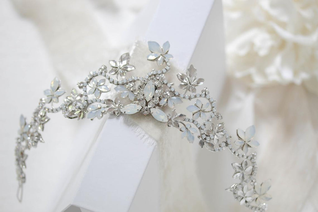 White opal Crystal leaf bridal tiara - ASHLEY - Treasures by Agnes