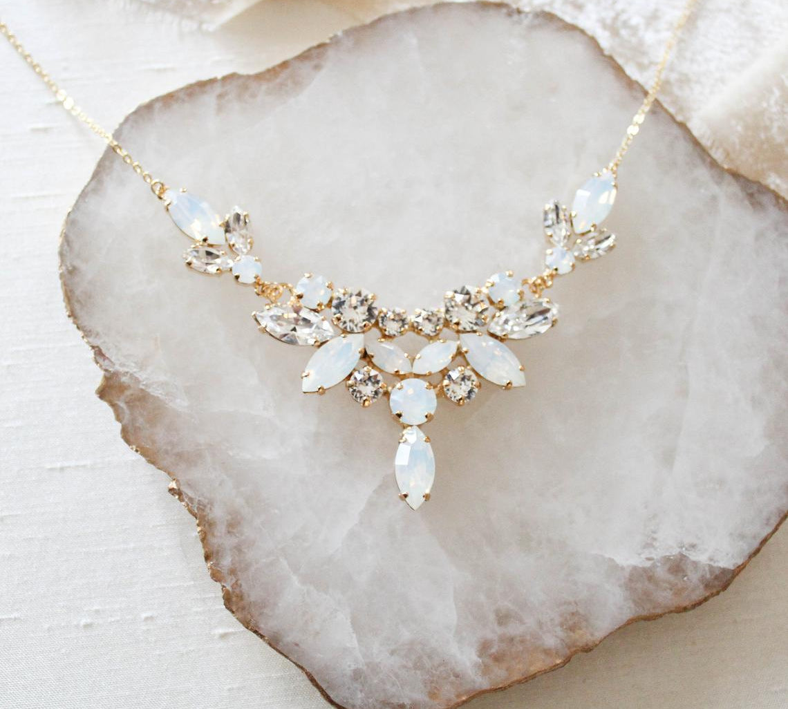 White opal crystal statement bridal necklace - SANDRA - Treasures by Agnes