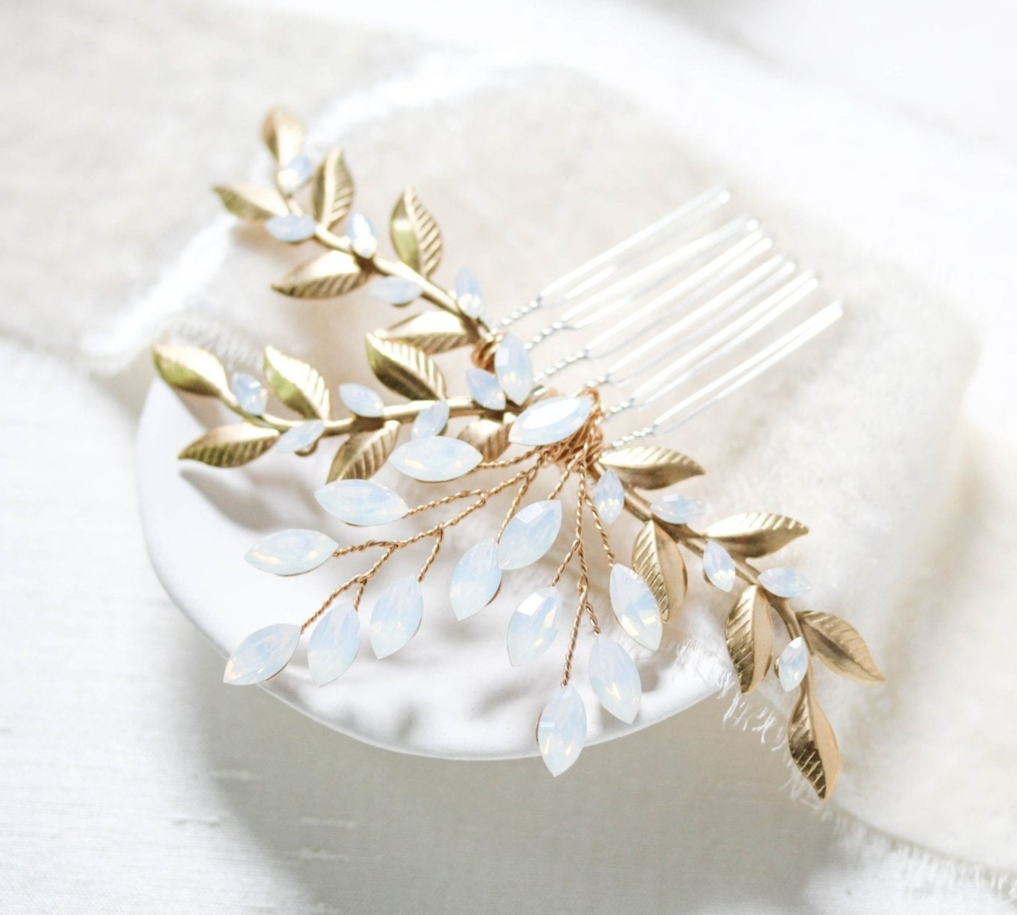 White opal leaf bridal hair comb- TAMARA - Treasures by Agnes