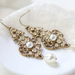 Antique gold pearl drop and crystal golden shadow bridal earrings