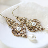 Antique gold pearl drop and crystal golden shadow bridal earrings