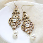 Antique gold pearl drop and crystal golden shadow bridal earrings