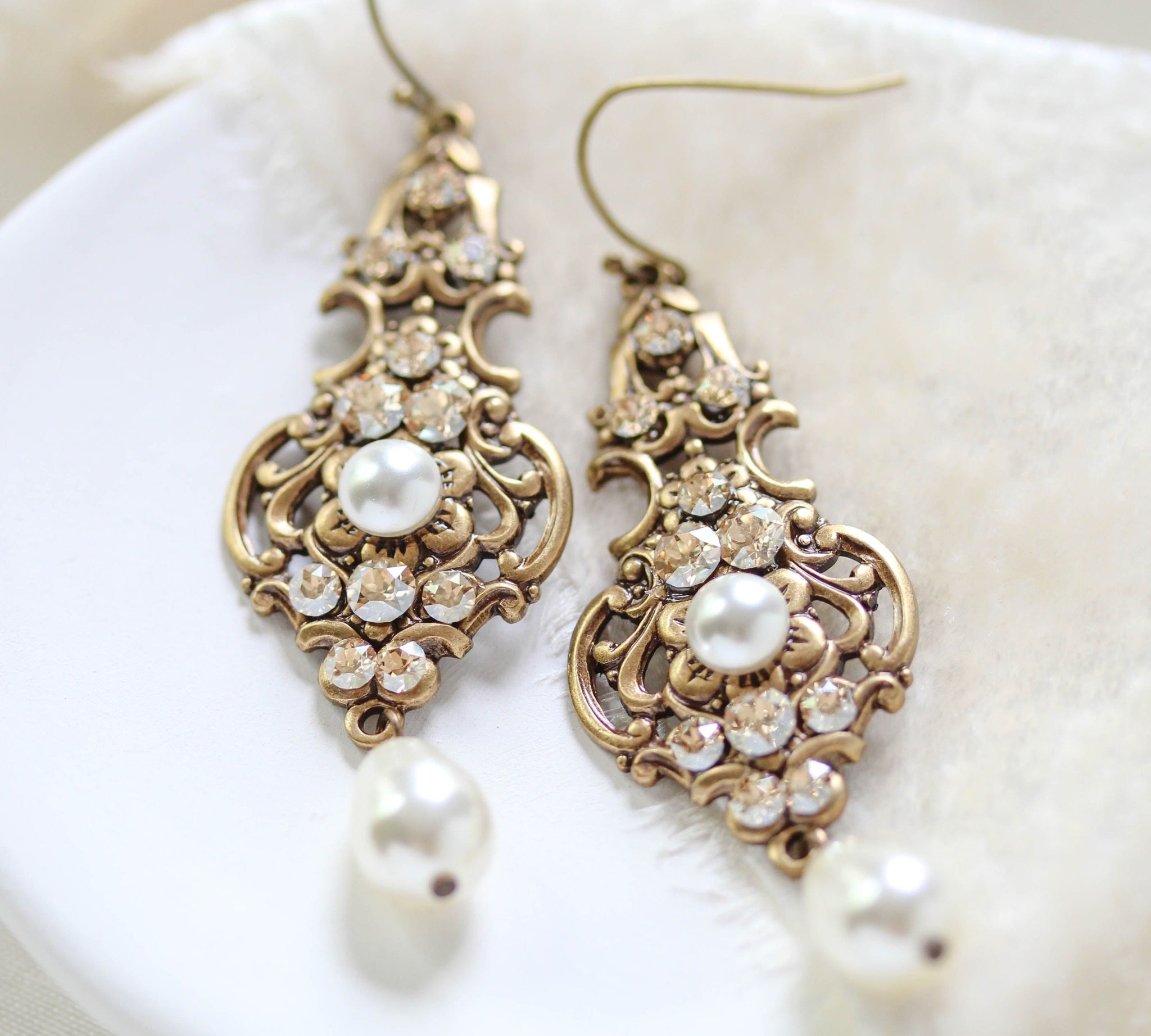 Antique gold pearl drop and crystal golden shadow bridal earrings