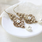 Antique gold pearl drop and crystal golden shadow bridal earrings