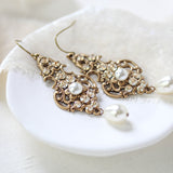 Antique gold pearl drop and crystal golden shadow bridal earrings