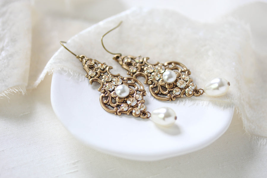 Antique gold pearl drop and crystal golden shadow bridal earrings