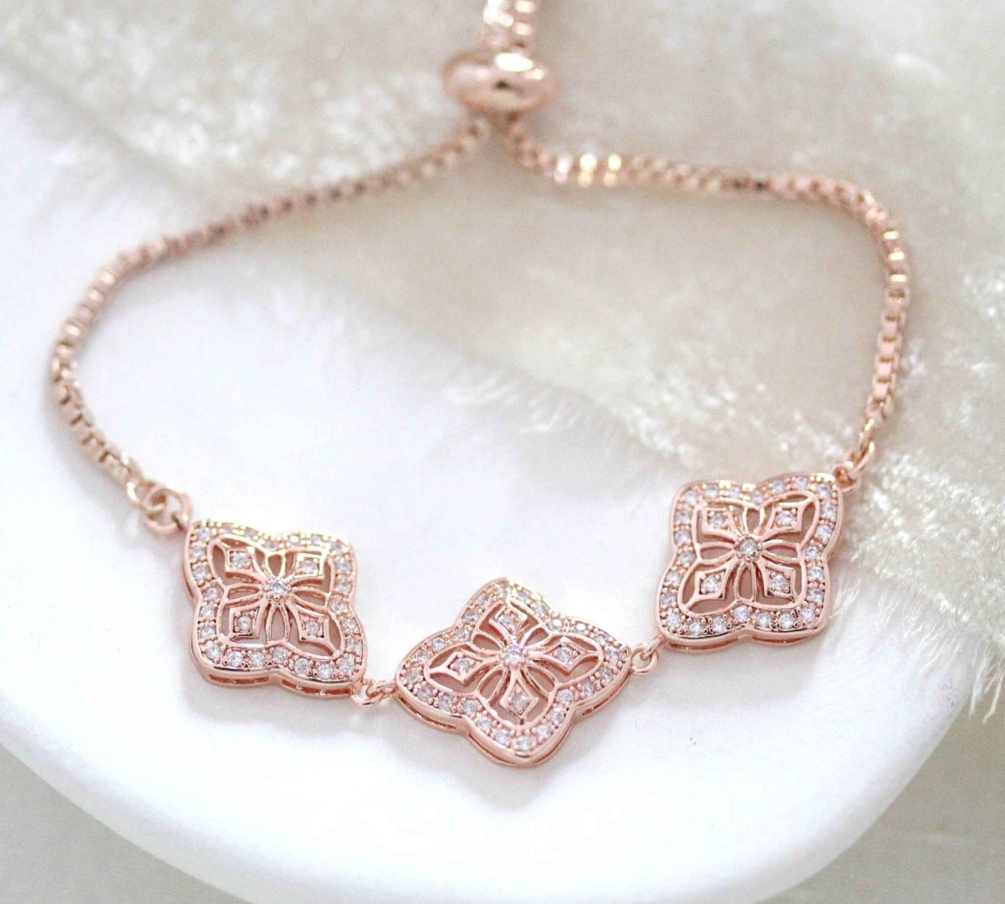 Addia Rose Gold CZ Bridal Bracelet – Adjustable Cubic Zirconia Wedding Bracelet - Treasures by Agnes