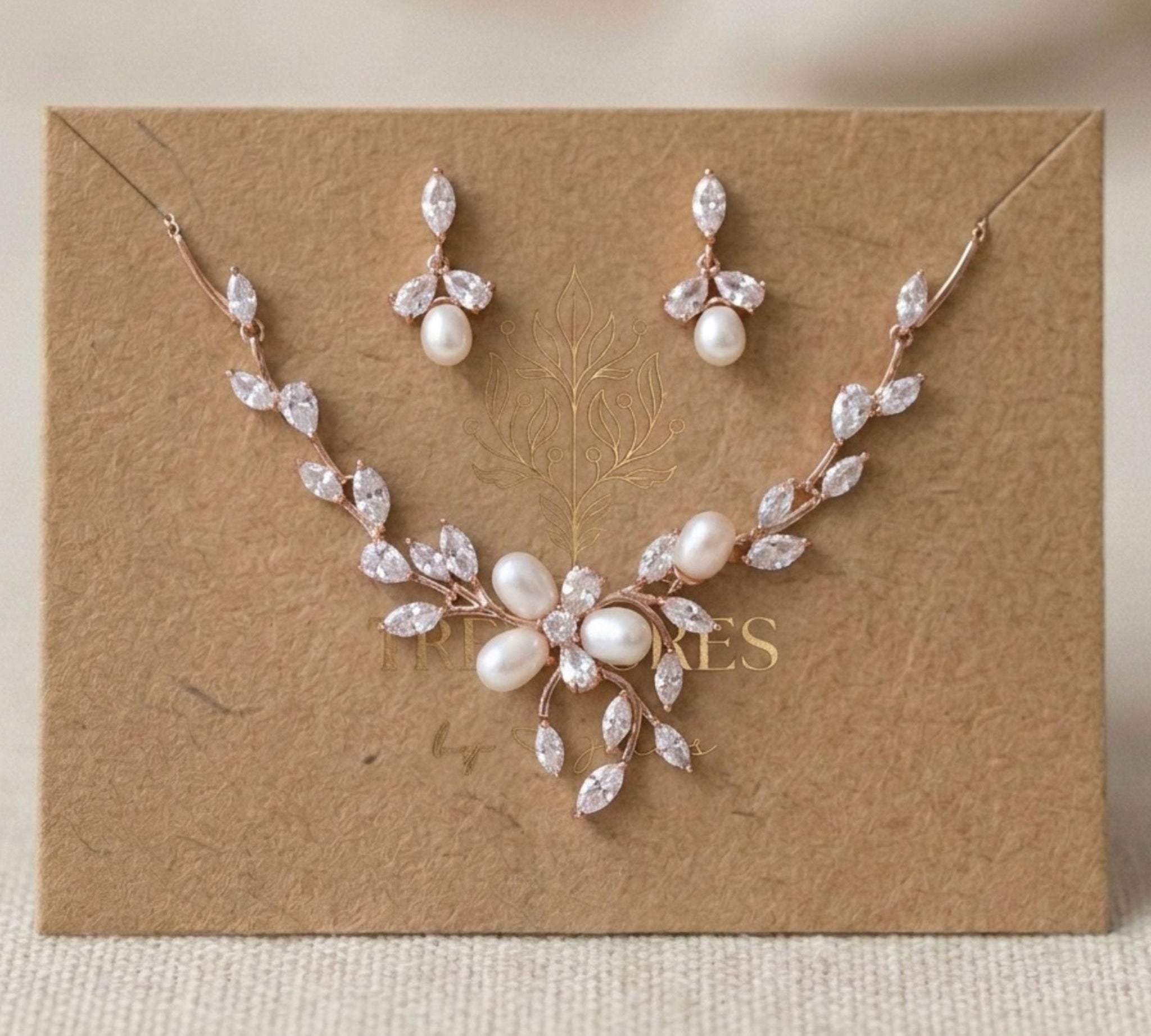 Amari Rose Gold Pearl Bridal Jewelry Set - Treasures by Agnes