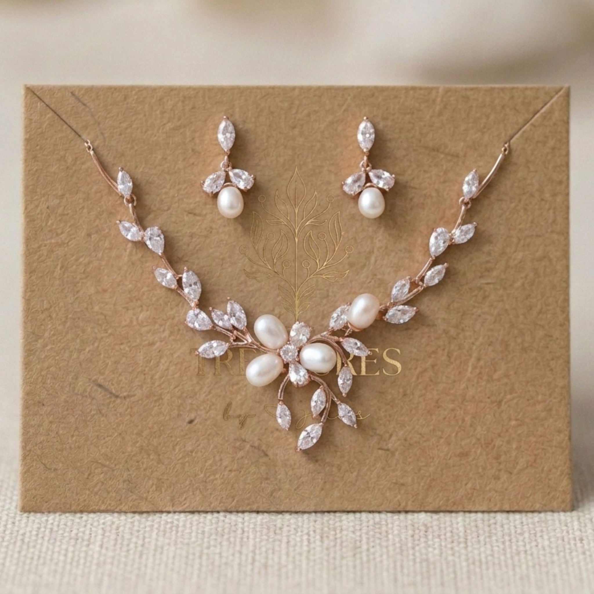 Amari Rose Gold Pearl Bridal Jewelry Set - Treasures by Agnes