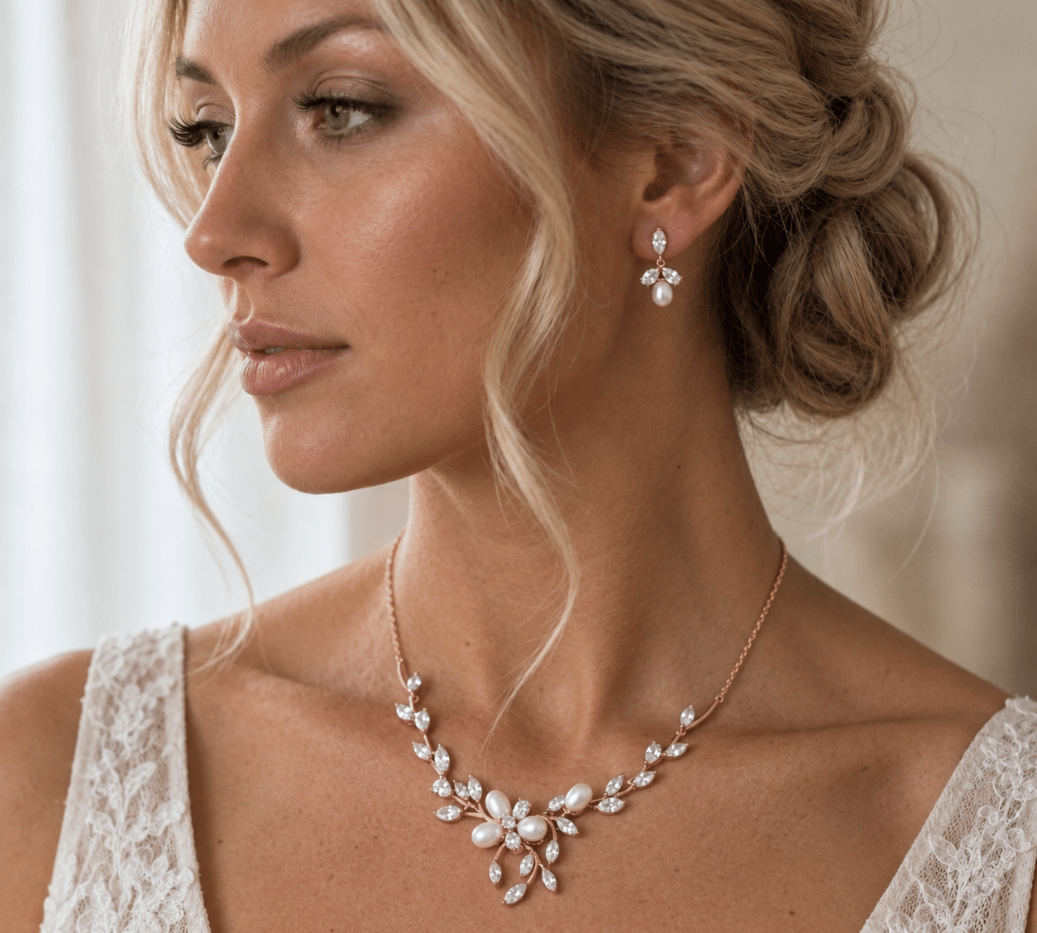 Amari Rose Gold Pearl Bridal Jewelry Set - Treasures by Agnes