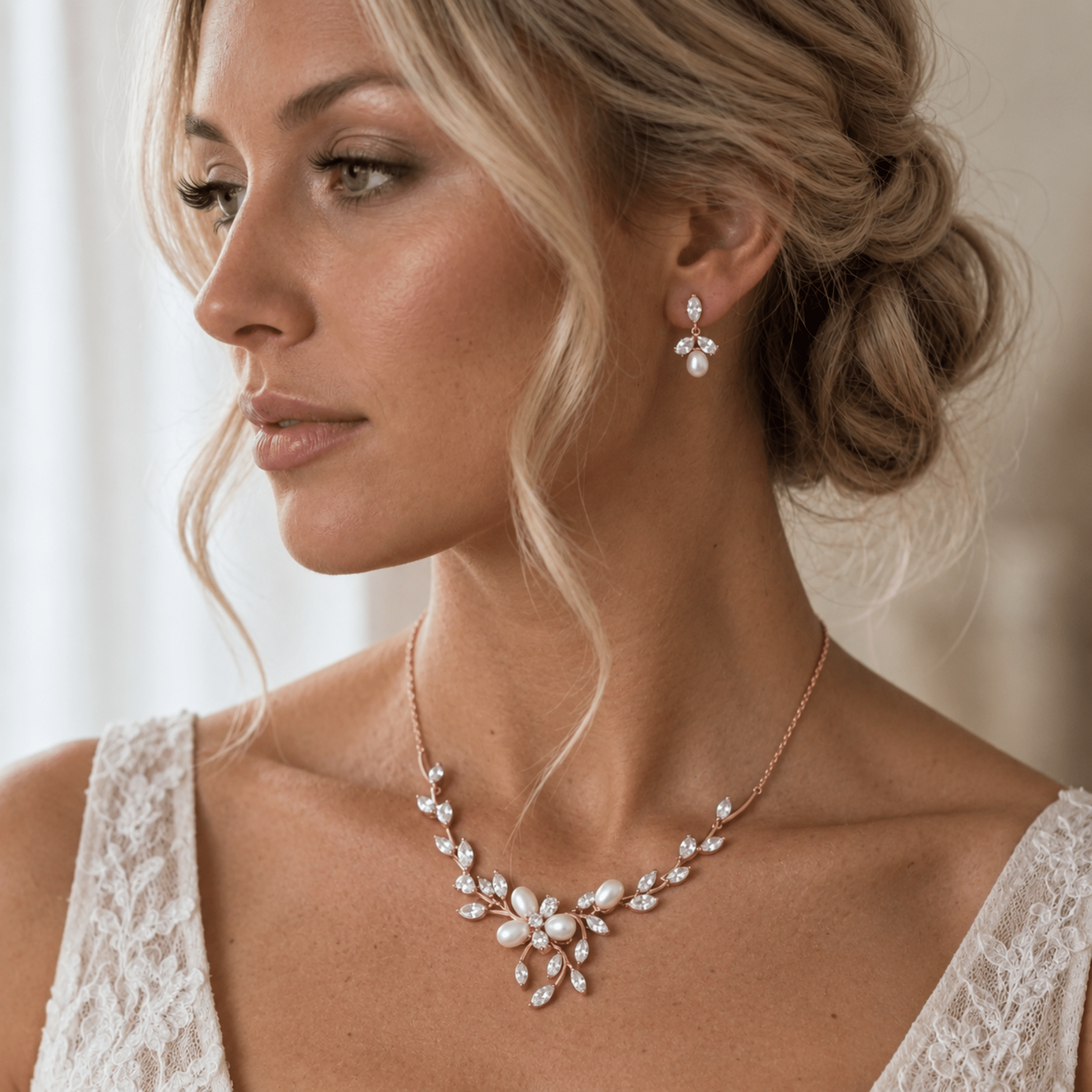Amari Rose Gold Pearl Bridal Jewelry Set - Treasures by Agnes