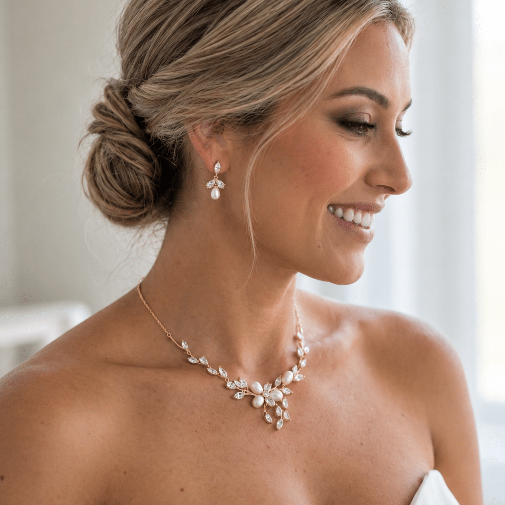 Amari Rose Gold Pearl Bridal Jewelry Set - Treasures by Agnes