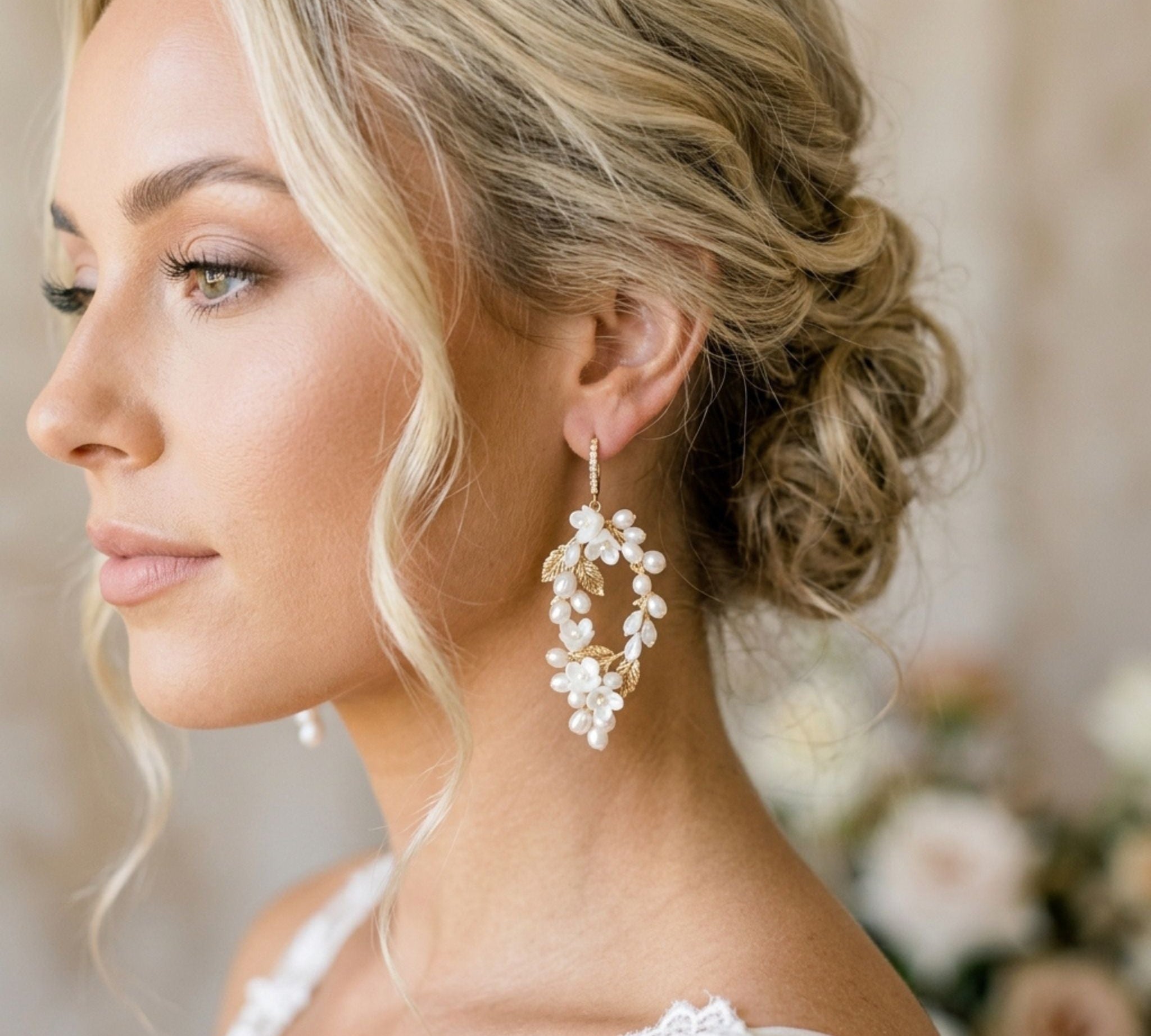 Antique gold Floral statement Wedding earrings - ARIEL - Treasures by Agnes