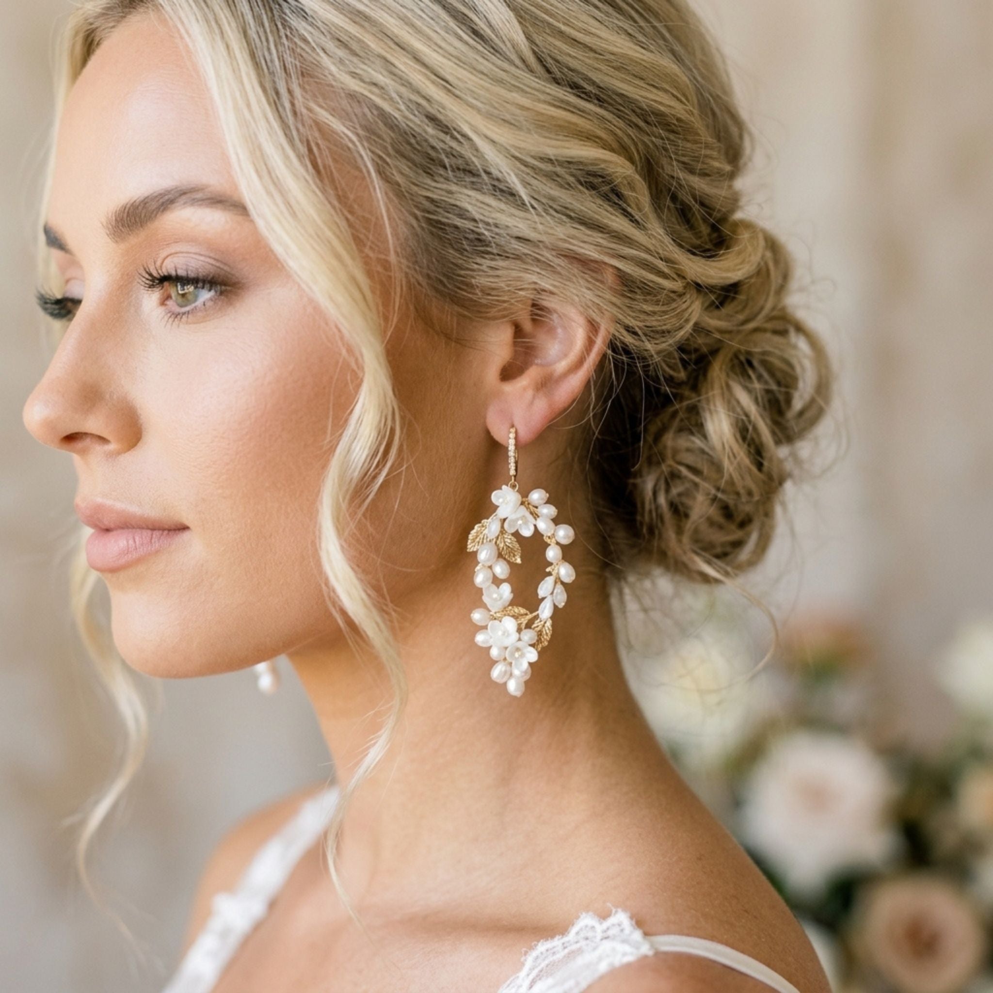 Antique gold Floral statement Wedding earrings - ARIEL - Treasures by Agnes