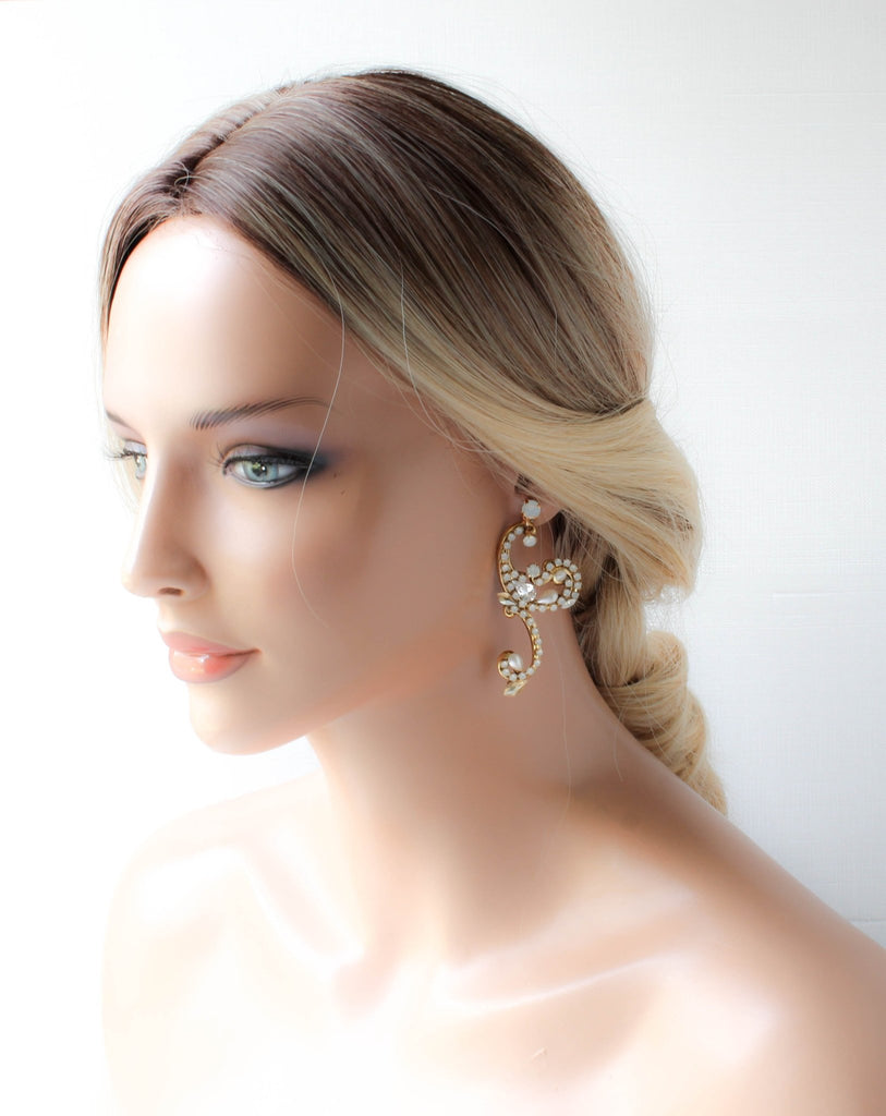 Antique gold white opal Statement Bridal earrings - IRYNA - Treasures by Agnes