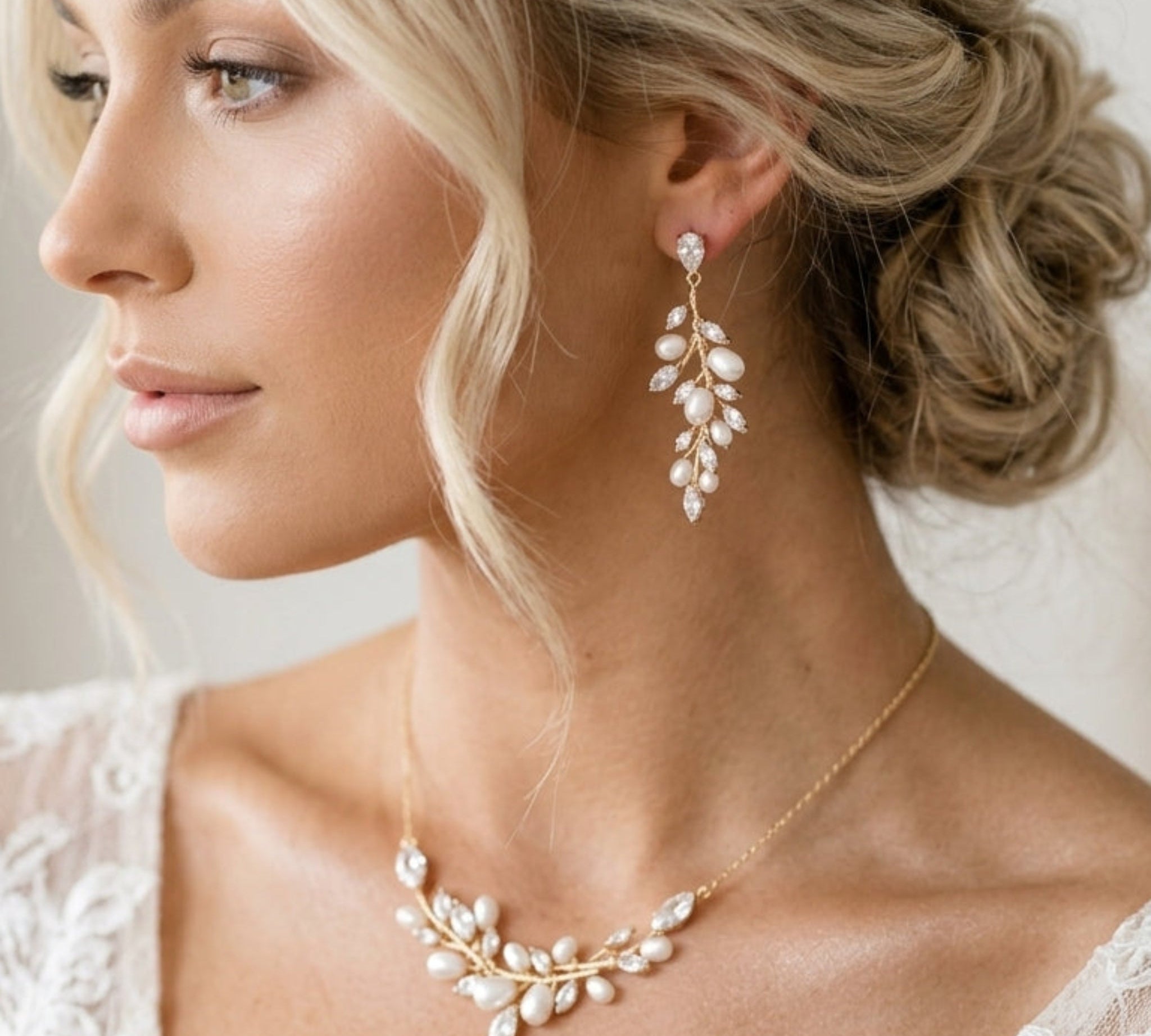 Aprille Bridal Necklace and Earrings Set with Genuine Pearls & Cubic Zirconia - Treasures by Agnes