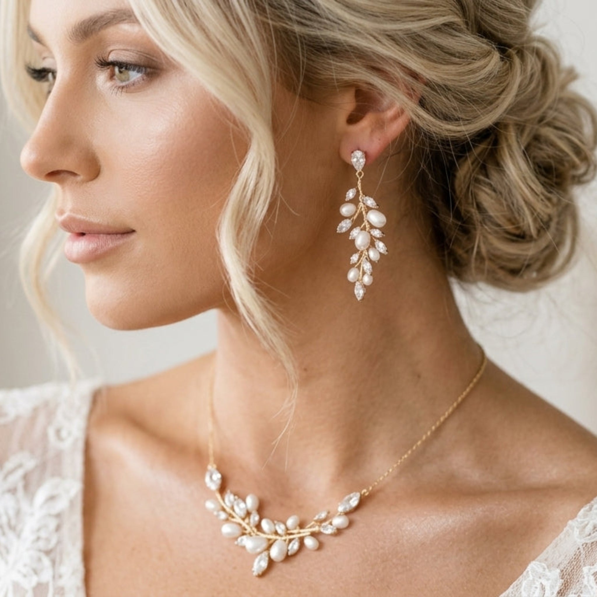Aprille Bridal Necklace and Earrings Set with Genuine Pearls & Cubic Zirconia - Treasures by Agnes