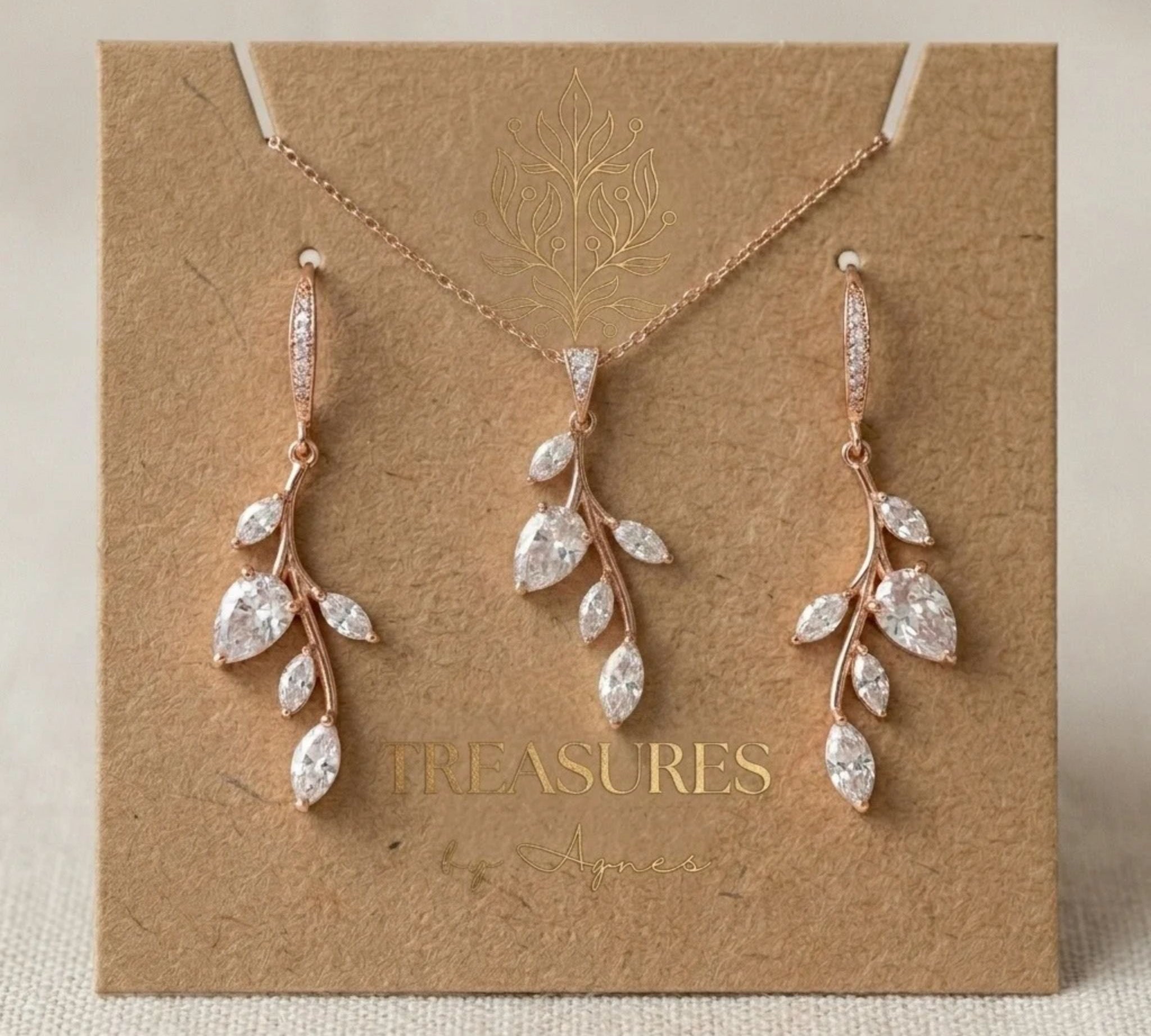 Aprille Rose Gold CZ Bridal Necklace & Earrings Set - Treasures by Agnes