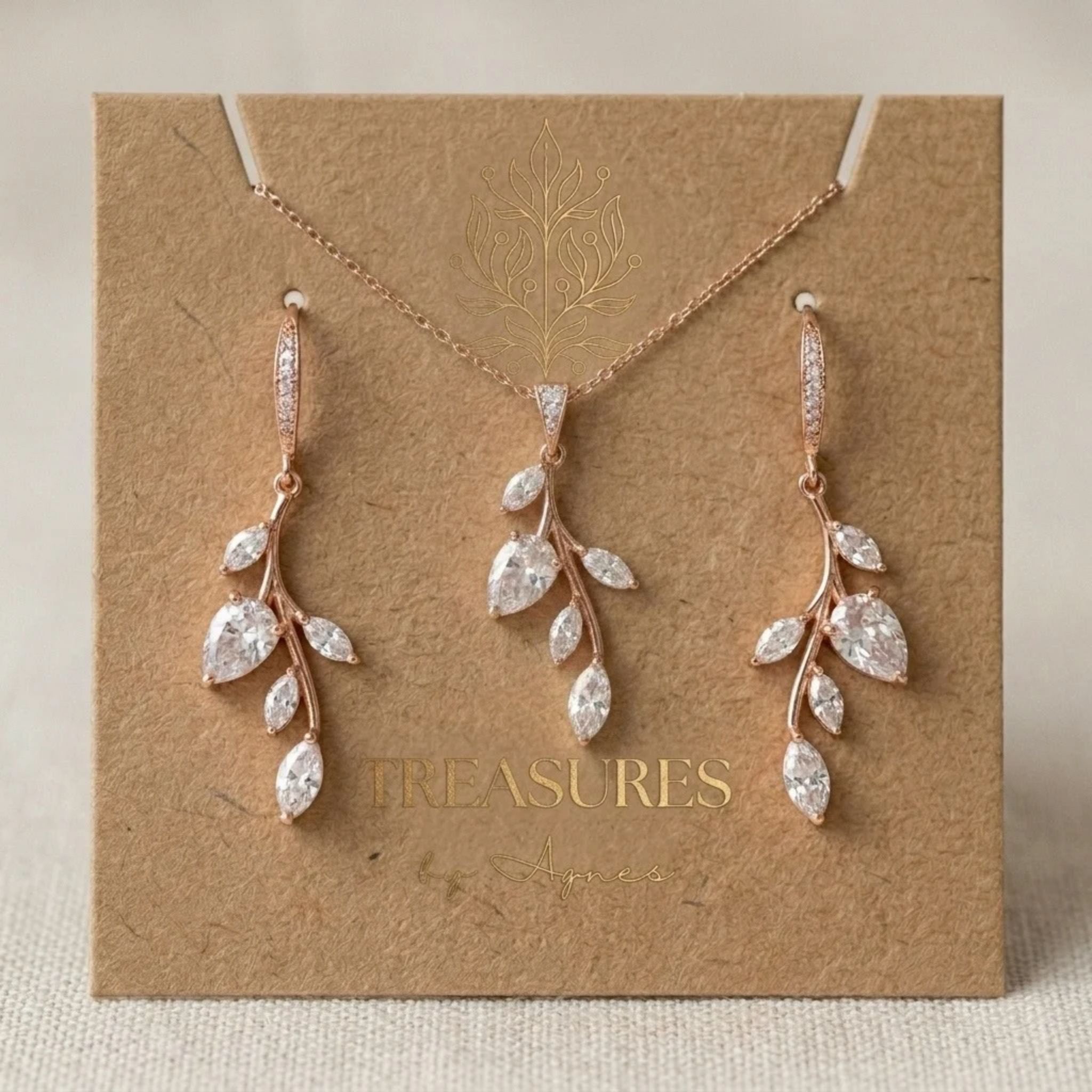 Aprille Rose Gold CZ Bridal Necklace & Earrings Set - Treasures by Agnes
