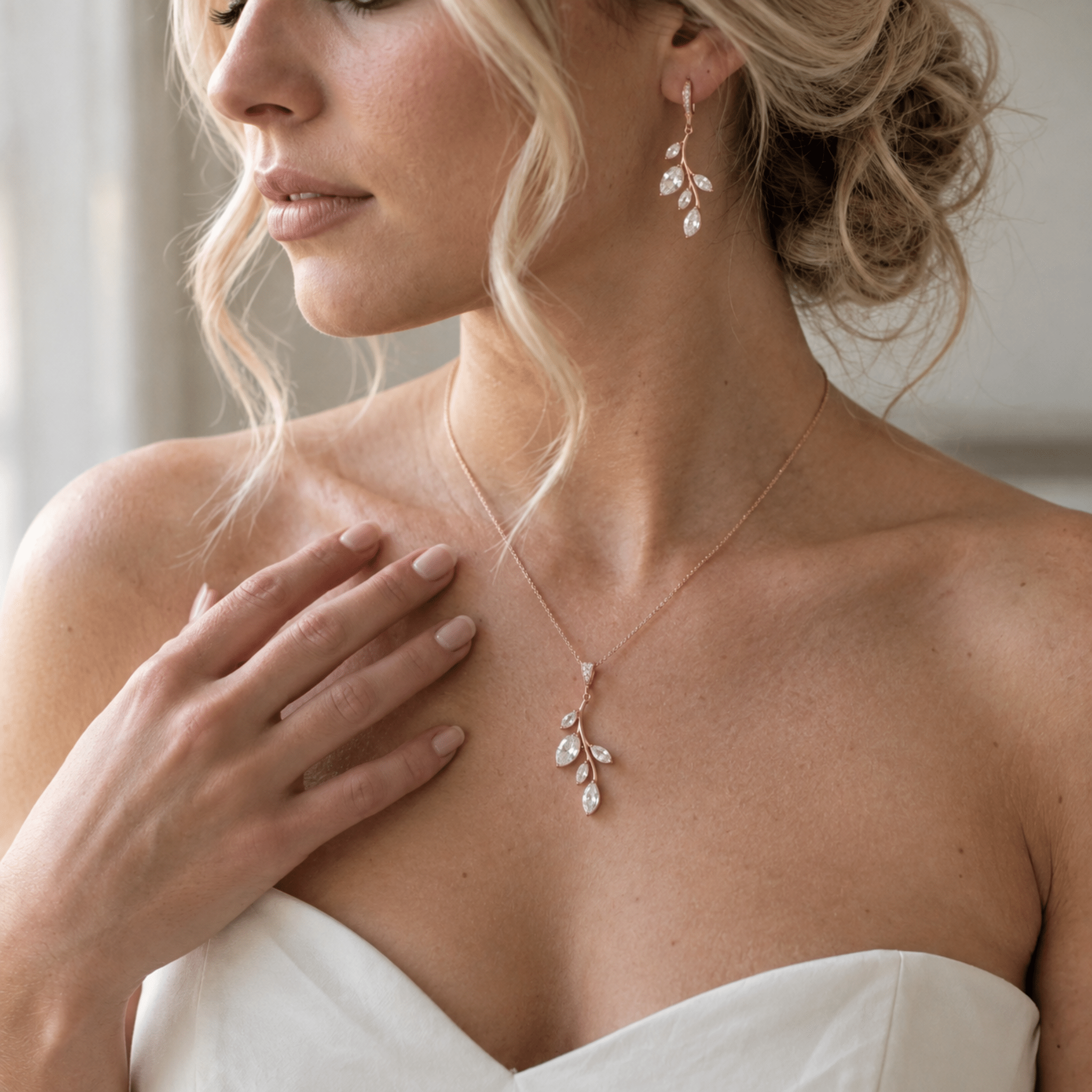 Aprille Rose Gold CZ Bridal Necklace & Earrings Set - Treasures by Agnes