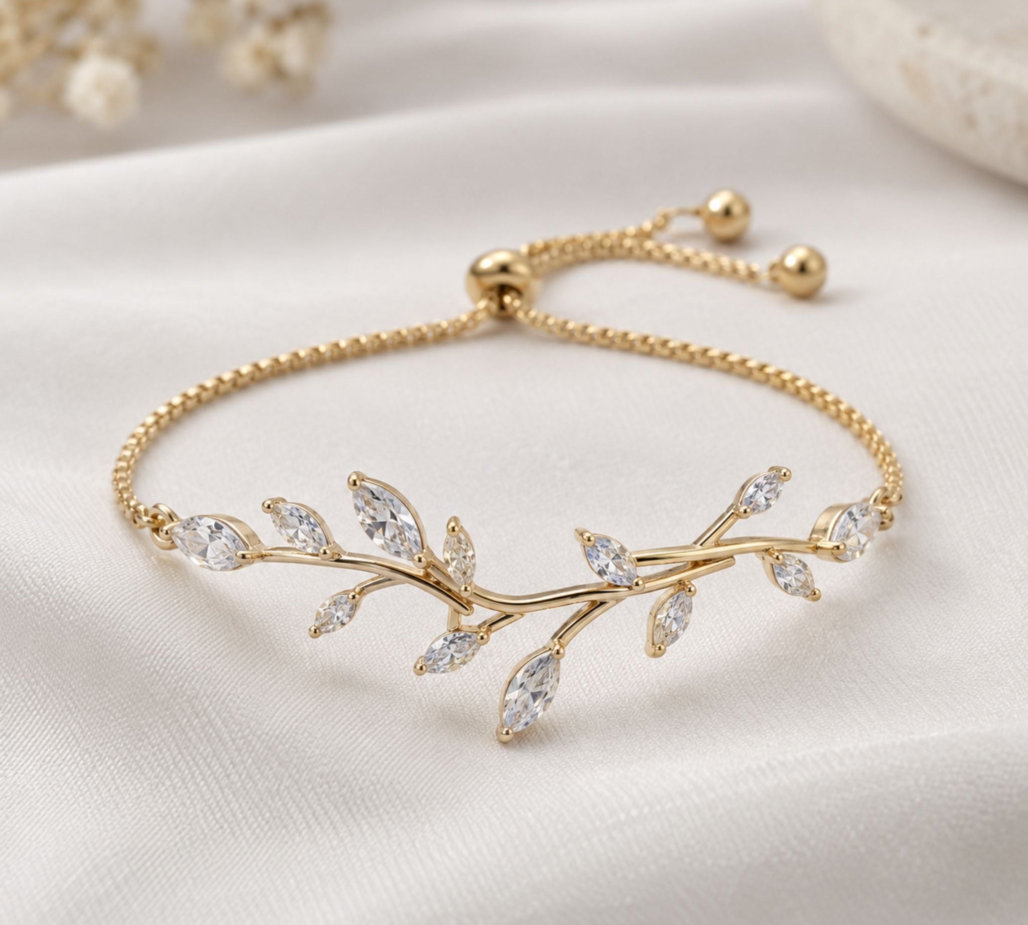 Aprille Rose Gold CZ Leaf Bridal Bracelet - Treasures by Agnes