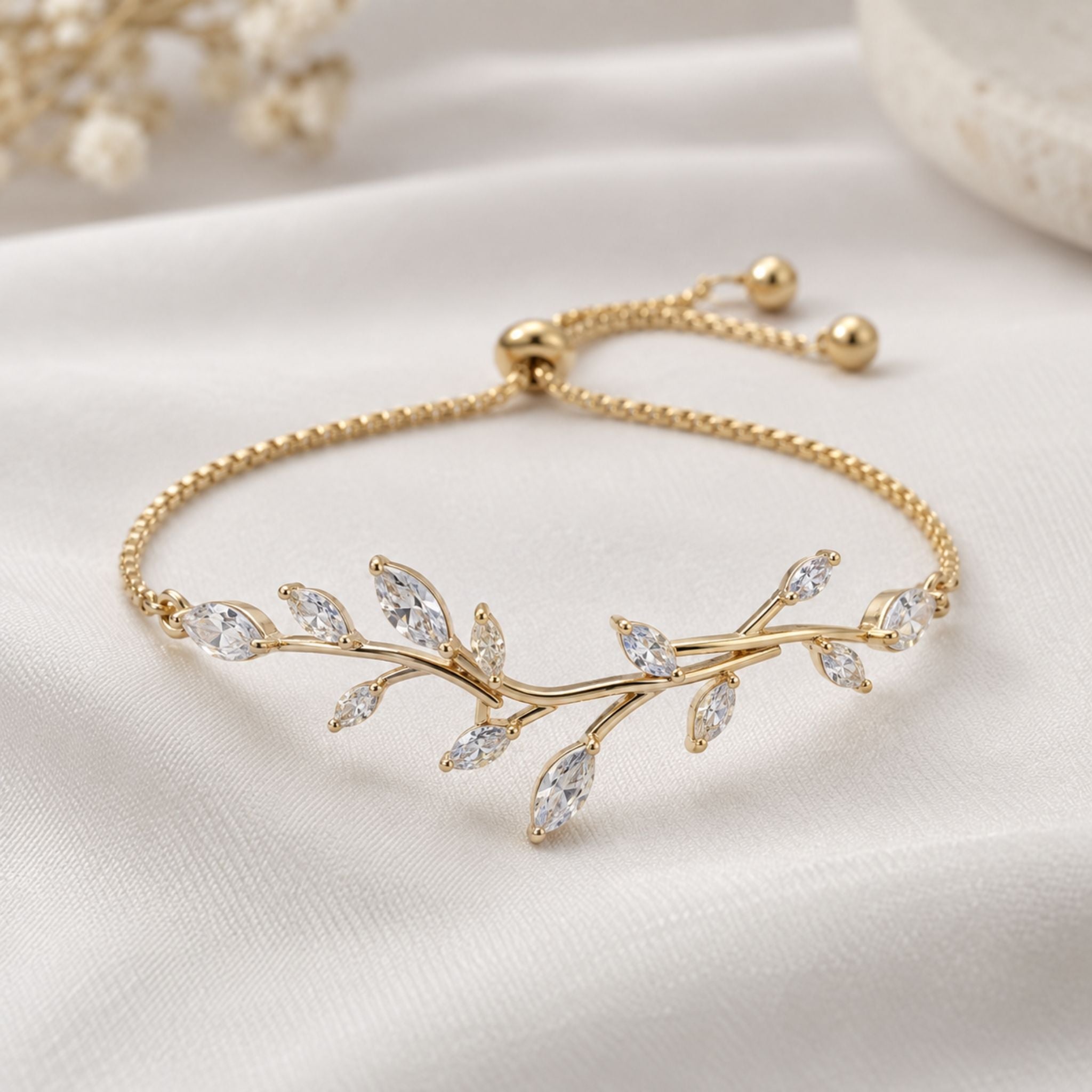 Aprille Rose Gold CZ Leaf Bridal Bracelet - Treasures by Agnes