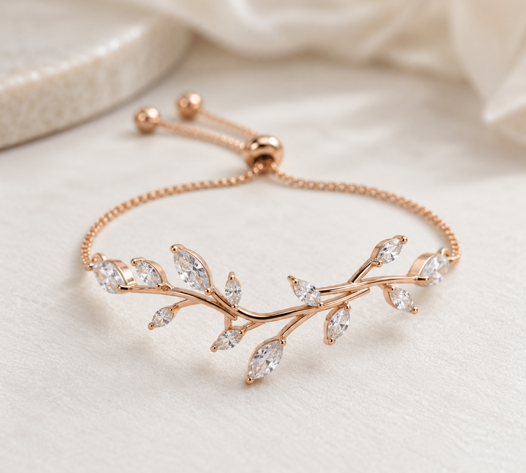 Aprille Rose Gold CZ Leaf Bridal Bracelet - Treasures by Agnes
