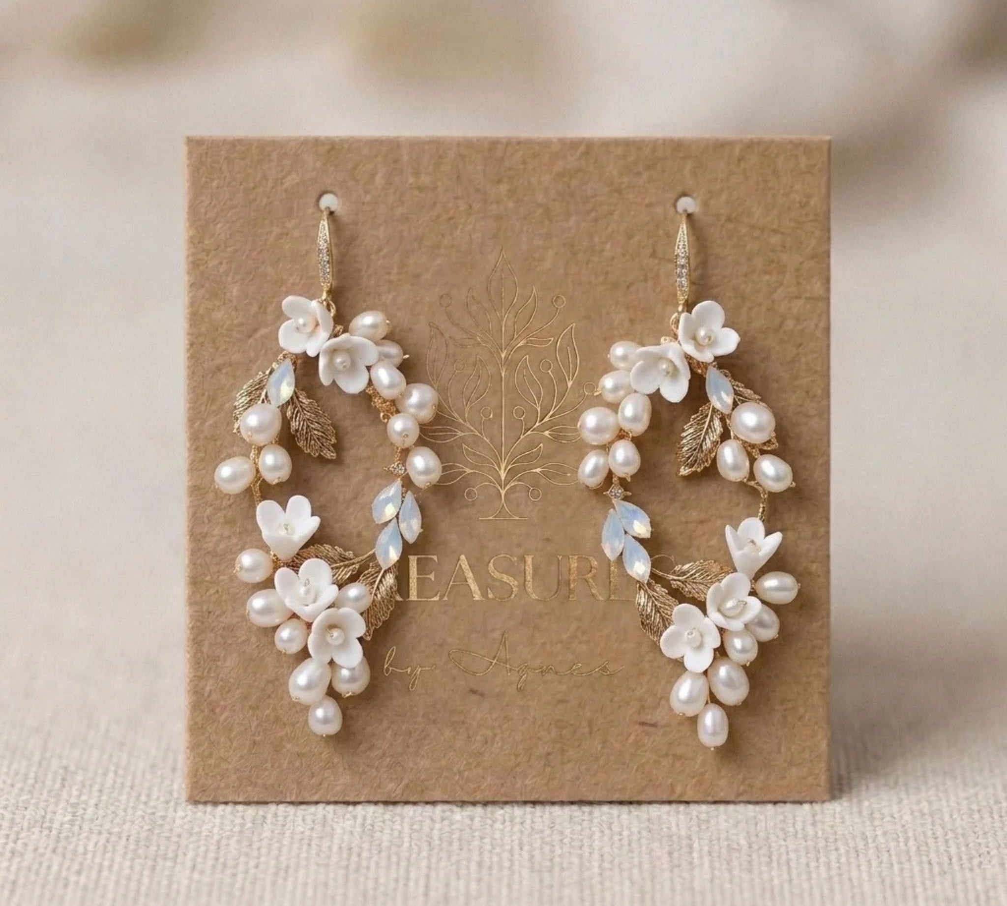 Ariel Gold Pearl & White Opal Bridal Earrings - Treasures by Agnes