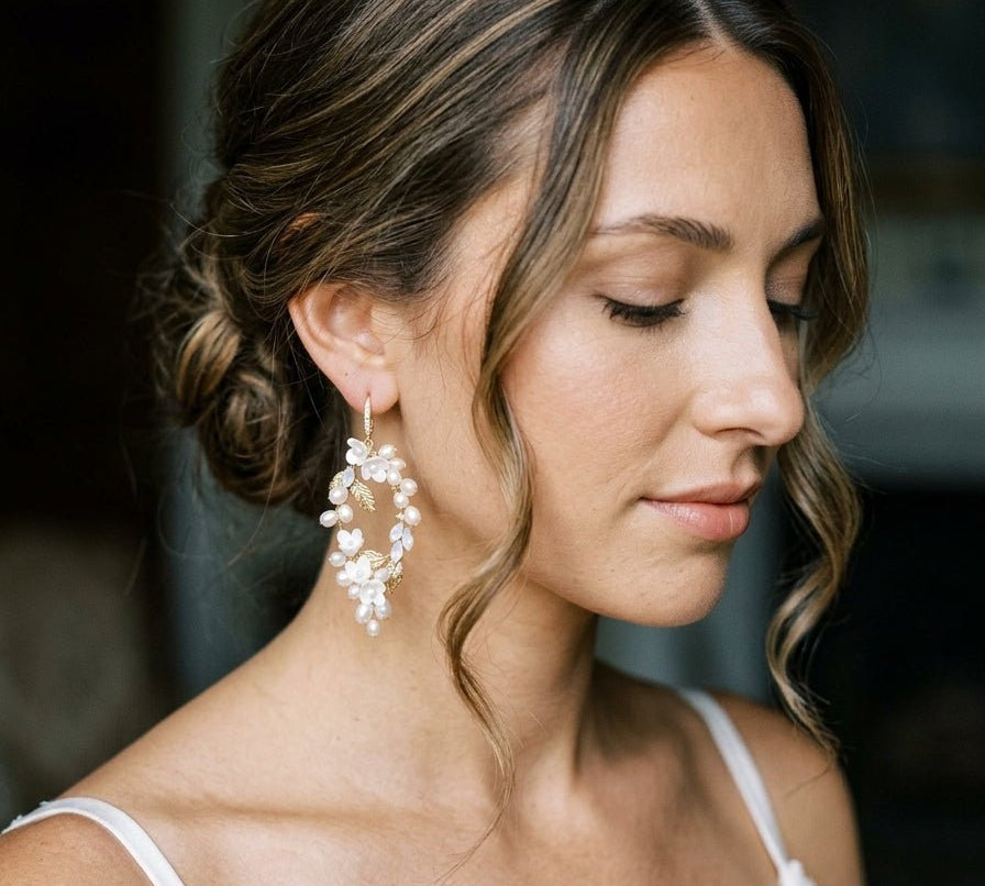 Ariel Gold Pearl & White Opal Bridal Earrings - Treasures by Agnes