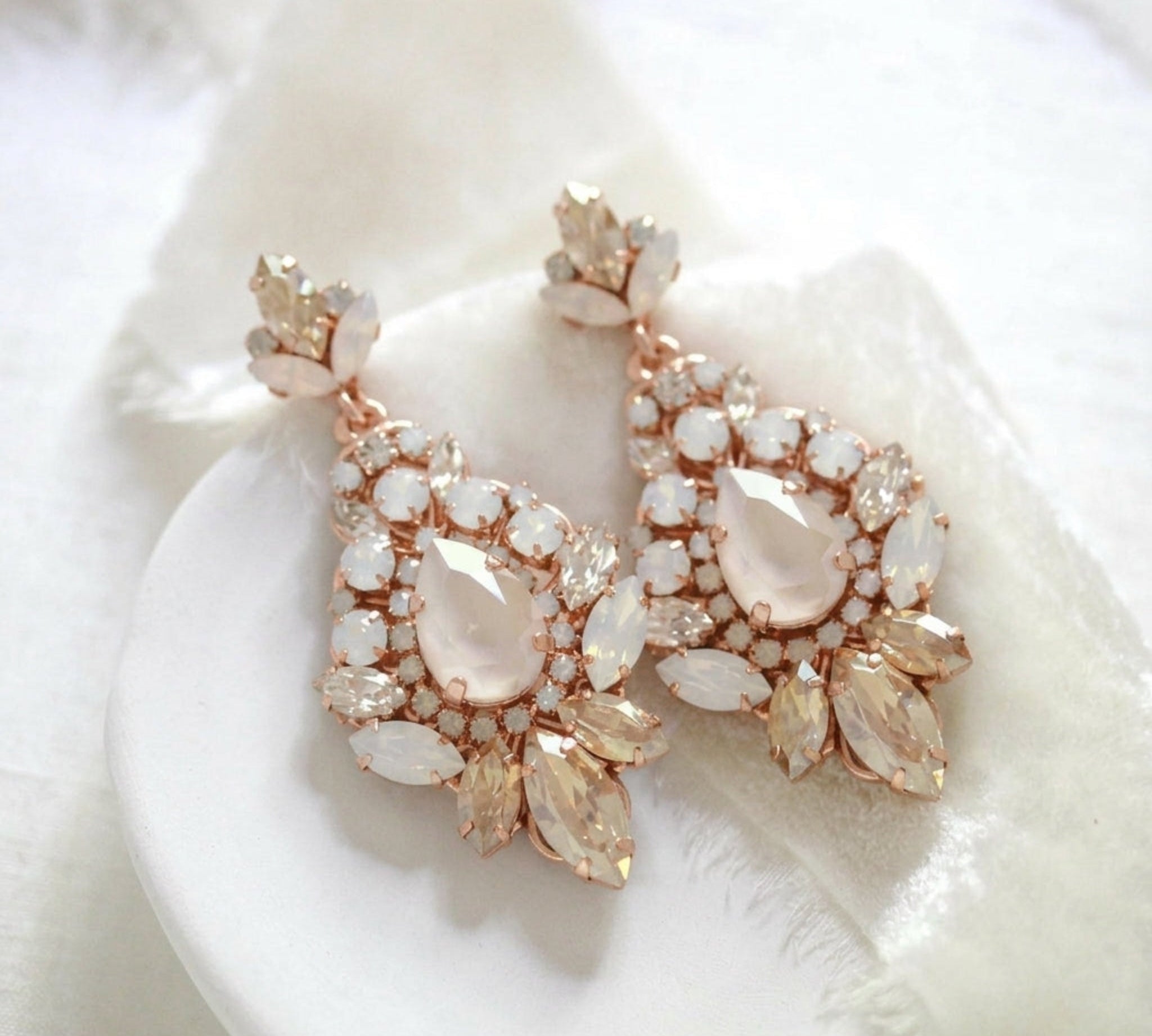 Beverly Earrings – Swarovski Ivory Cream, White Opal & Golden Shadow Bridal Earrings - Treasures by Agnes