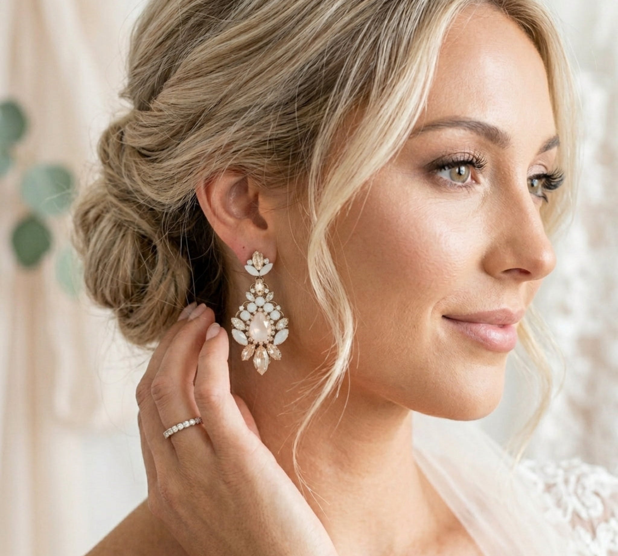 Beverly Earrings – Swarovski Ivory Cream, White Opal & Golden Shadow Bridal Earrings - Treasures by Agnes