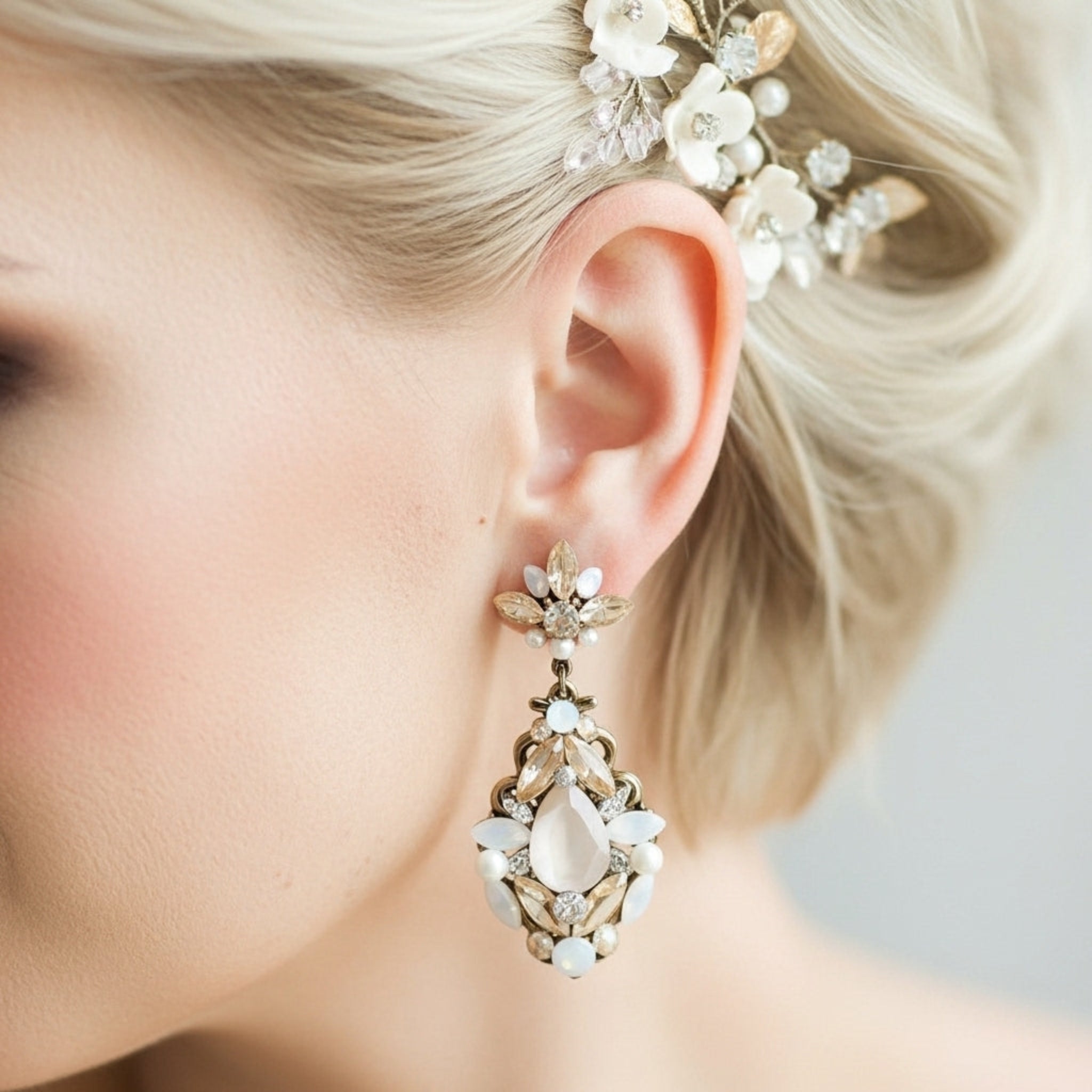 Blakely Earrings – Antique Gold with Opal & Golden Crystals - Treasures by Agnes