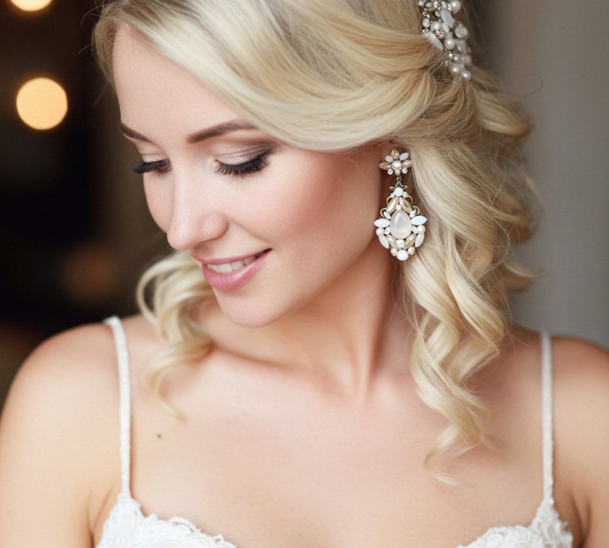 Blakely Earrings – Antique Gold with Opal & Golden Crystals - Treasures by Agnes