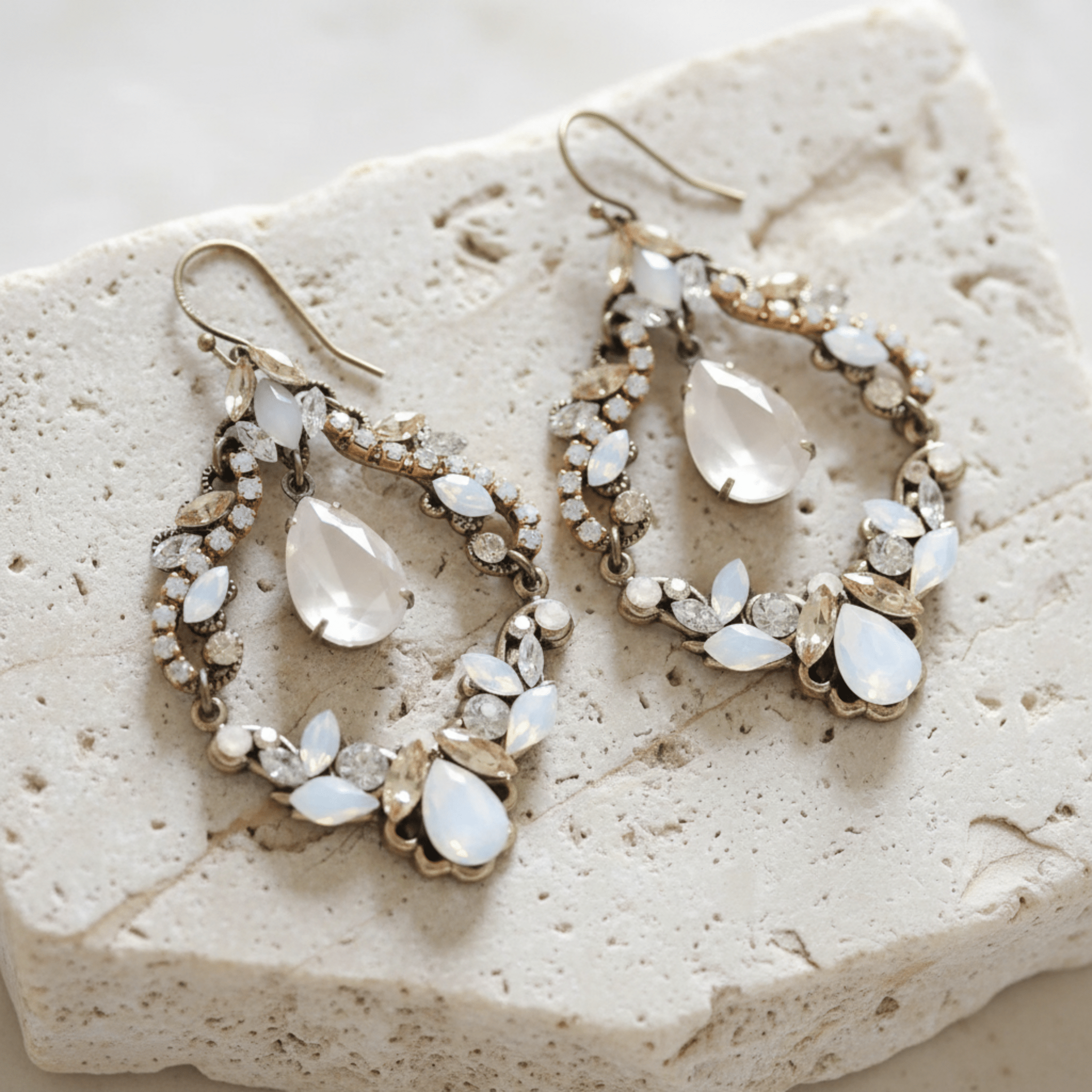 Charlotte Earrings – Antique Gold with Opal & Golden Crystals - Treasures by Agnes