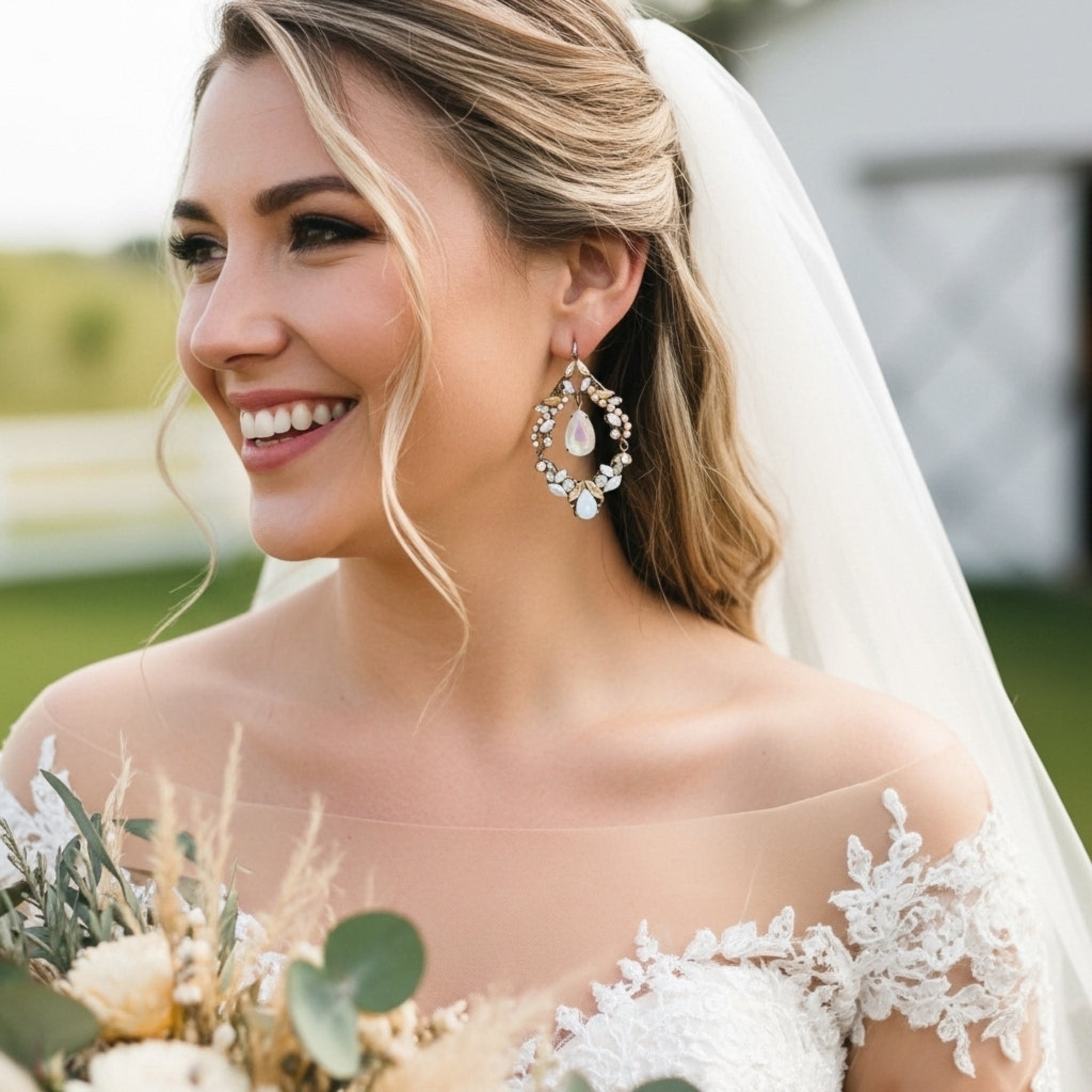 Charlotte Earrings – Antique Gold with Opal & Golden Crystals - Treasures by Agnes