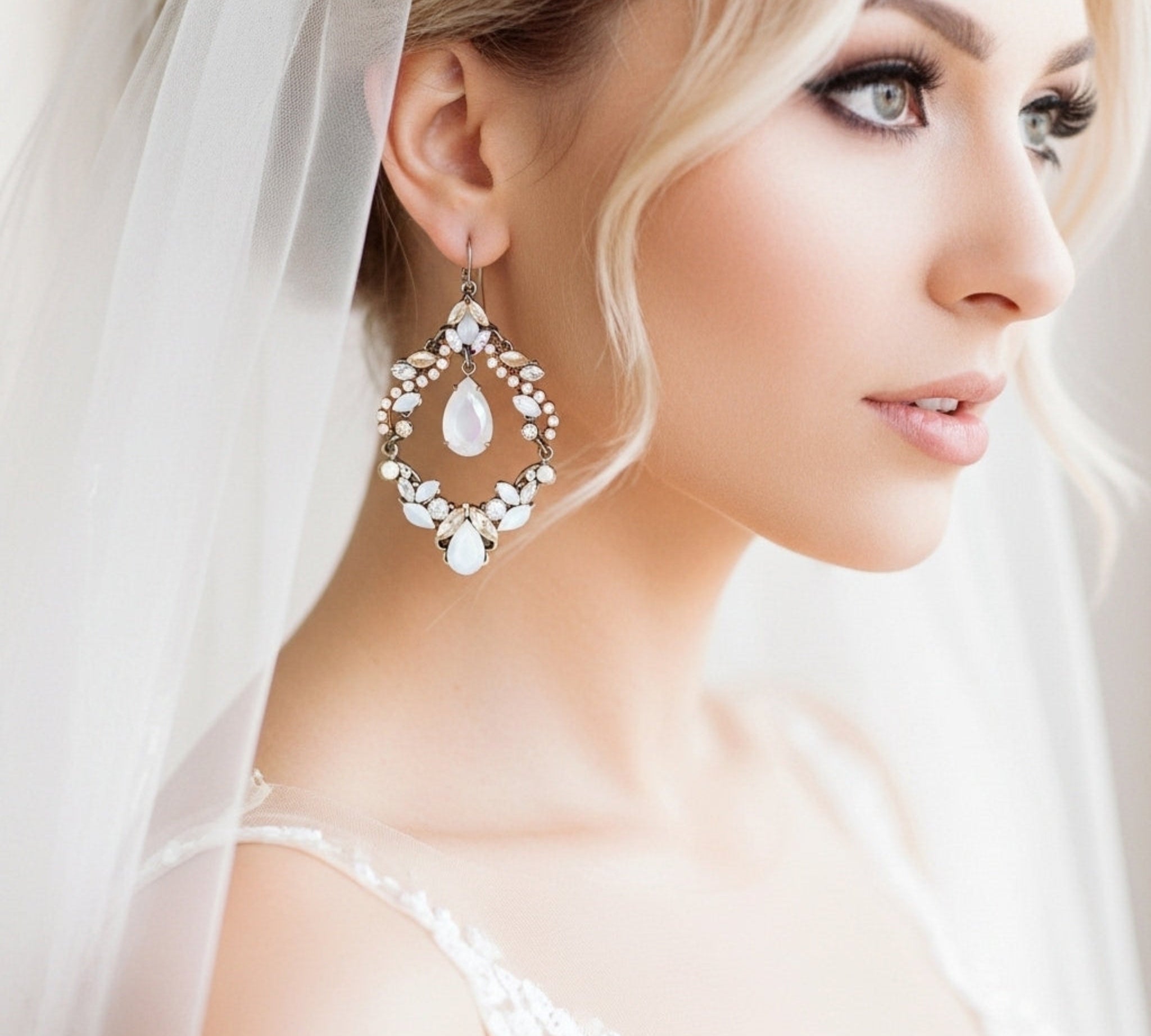 Charlotte Earrings – Antique Gold with Opal & Golden Crystals - Treasures by Agnes