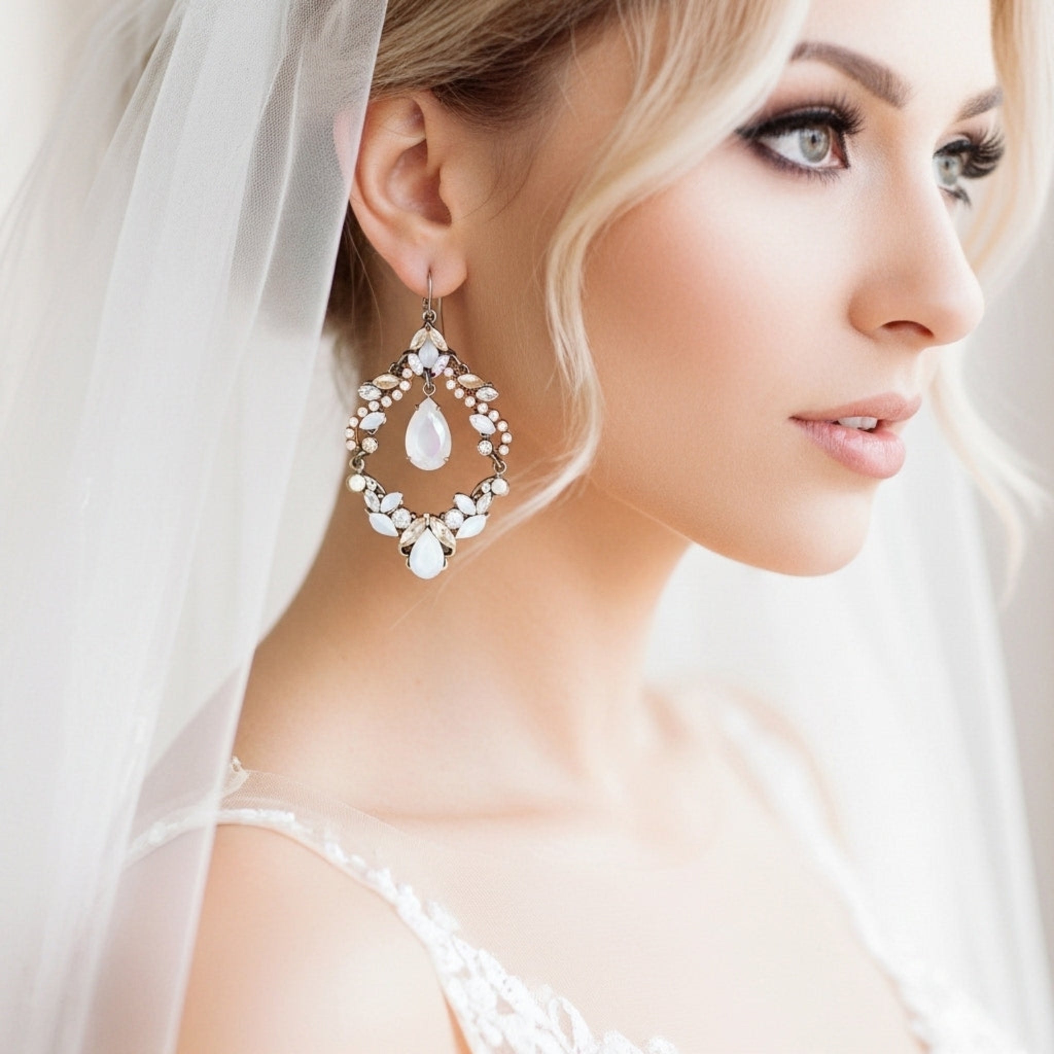 Charlotte Earrings – Antique Gold with Opal & Golden Crystals - Treasures by Agnes