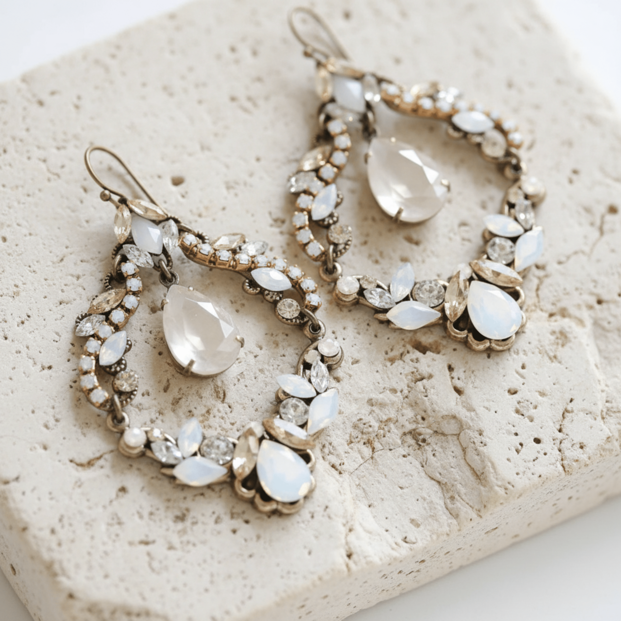 Charlotte Earrings – Antique Gold with Opal & Golden Crystals - Treasures by Agnes