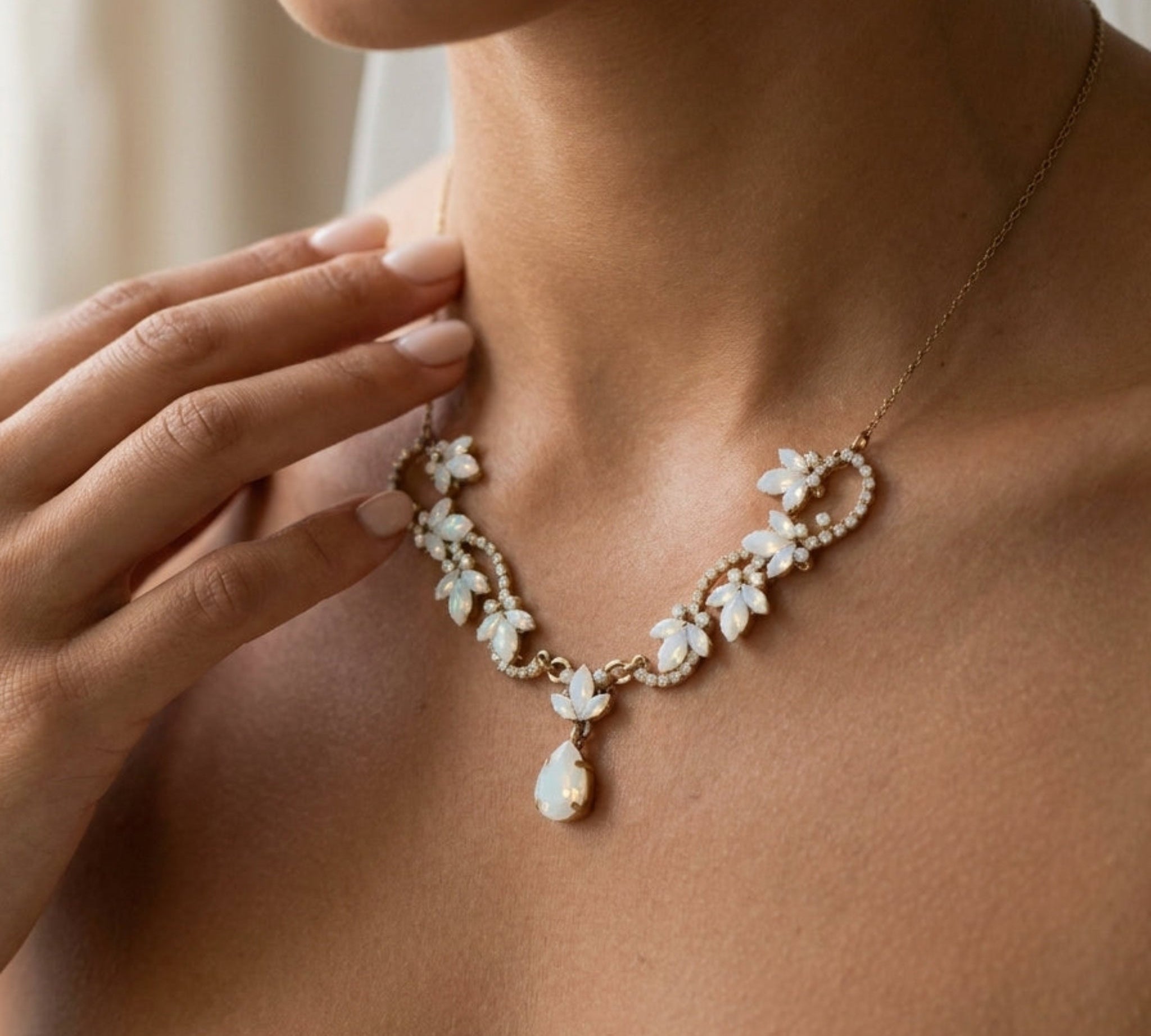 Cleo Antique Gold White Opal Bridal Necklace - Treasures by Agnes