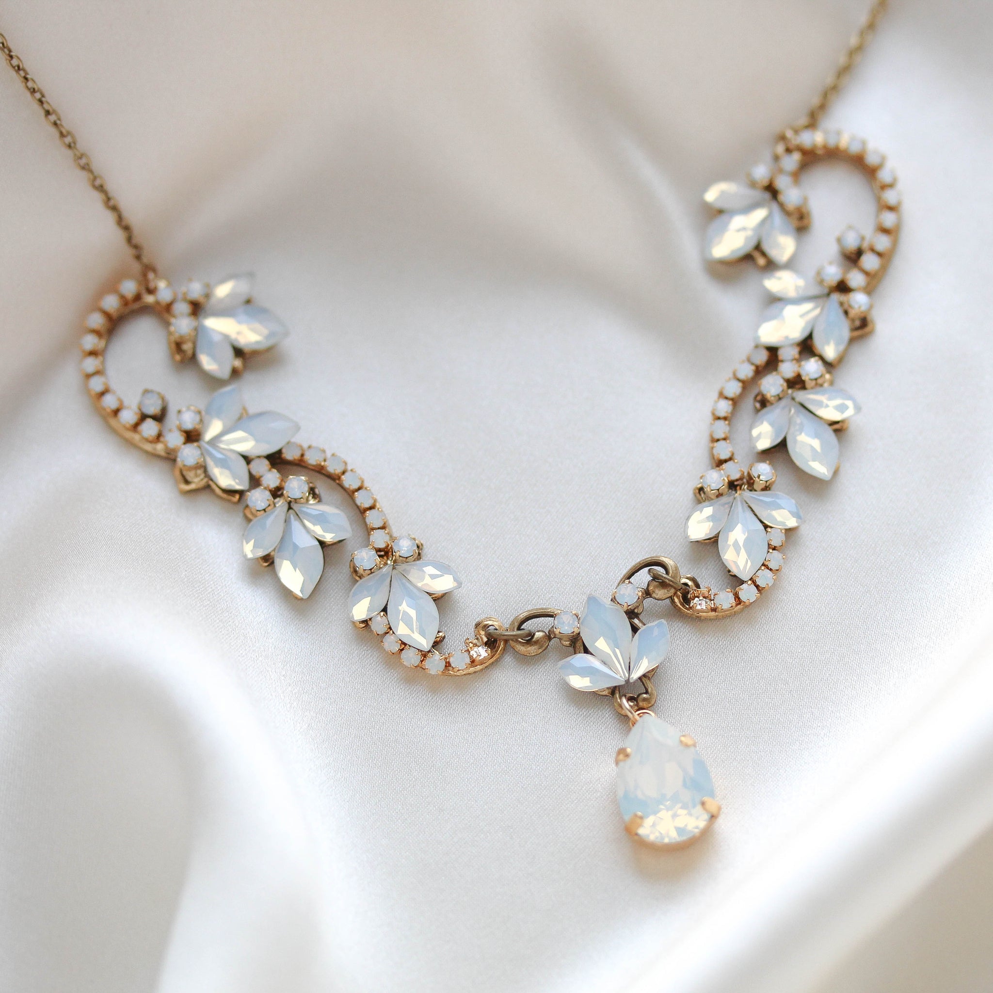 Cleo Antique Gold White Opal Bridal Necklace - Treasures by Agnes