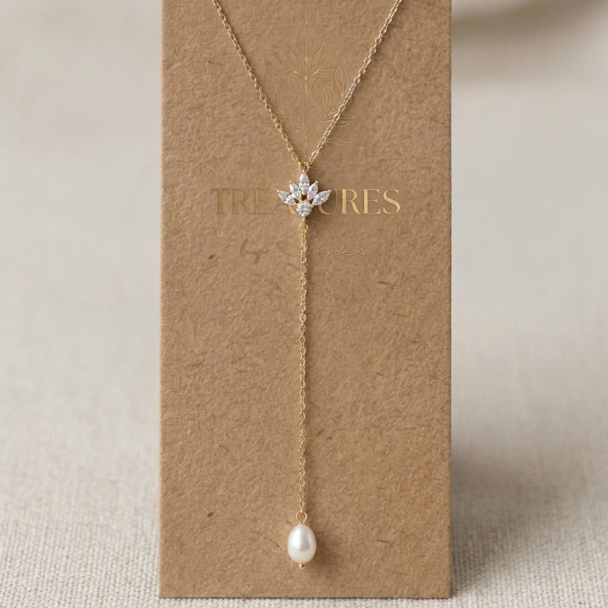 Emma gold CZ and pearl lariat wedding necklace with delicate chain and pearl drop by Treasures by Agnes.