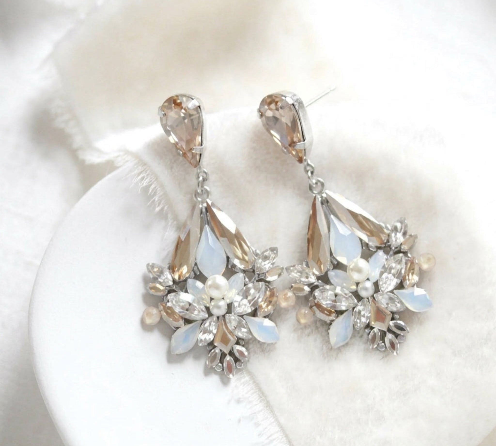 Eden Bridal Earrings with Golden Shadow & White Opal Crystals - Treasures by Agnes