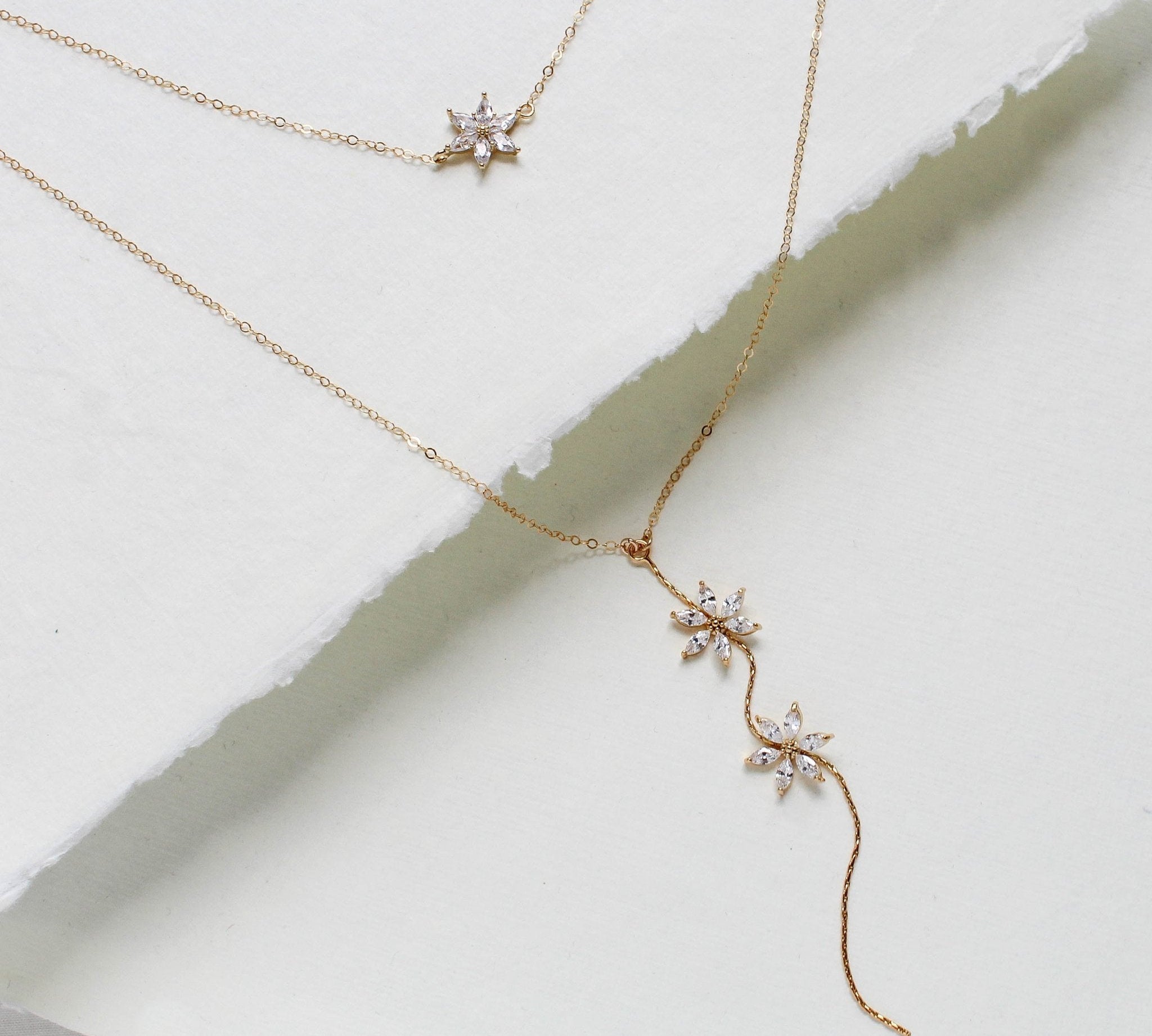 Gold filled backdrop necklace with simulated diamond flowers - RAELYNN - Treasures by Agnes